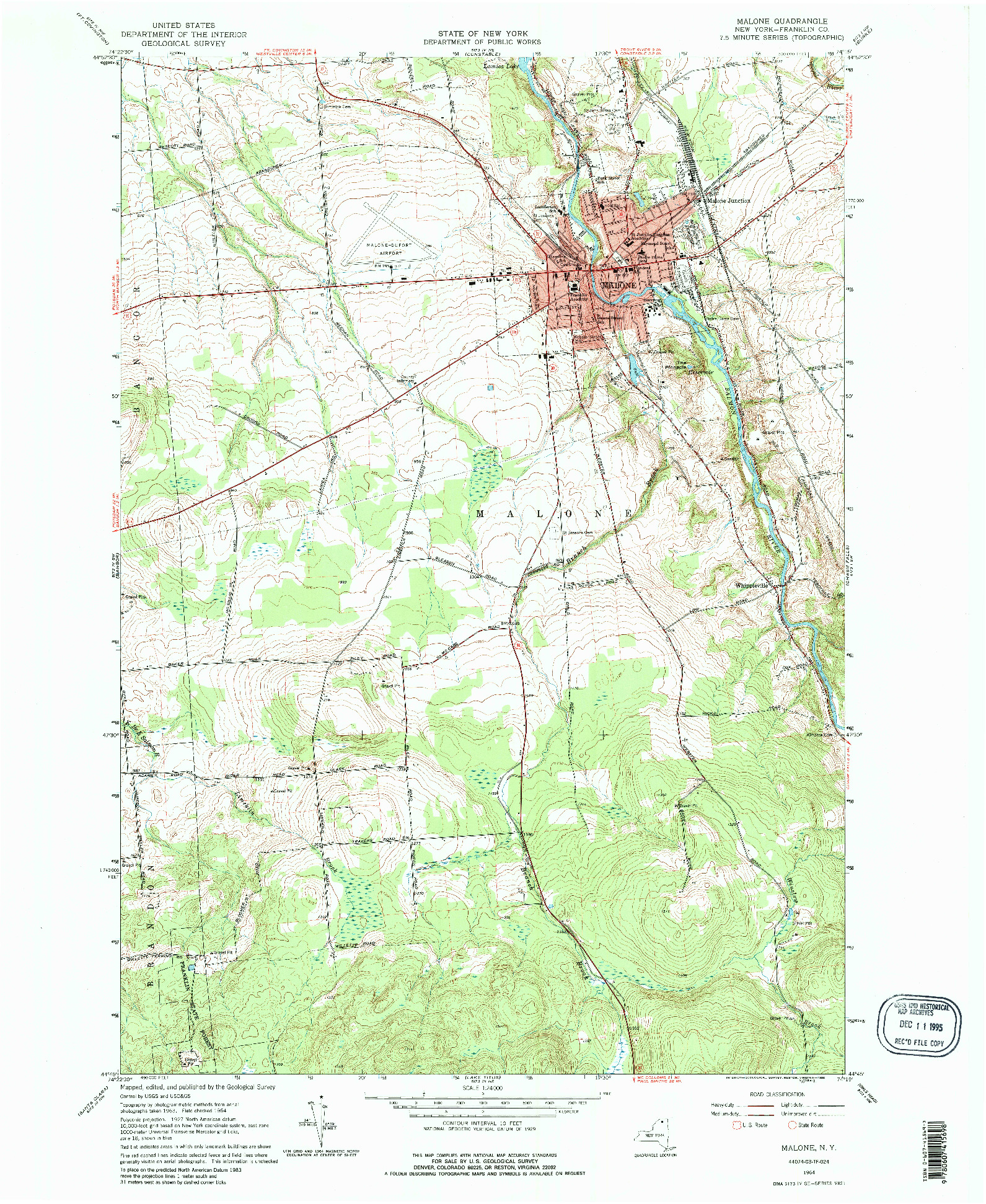 USGS 1:24000-SCALE QUADRANGLE FOR MALONE, NY 1964