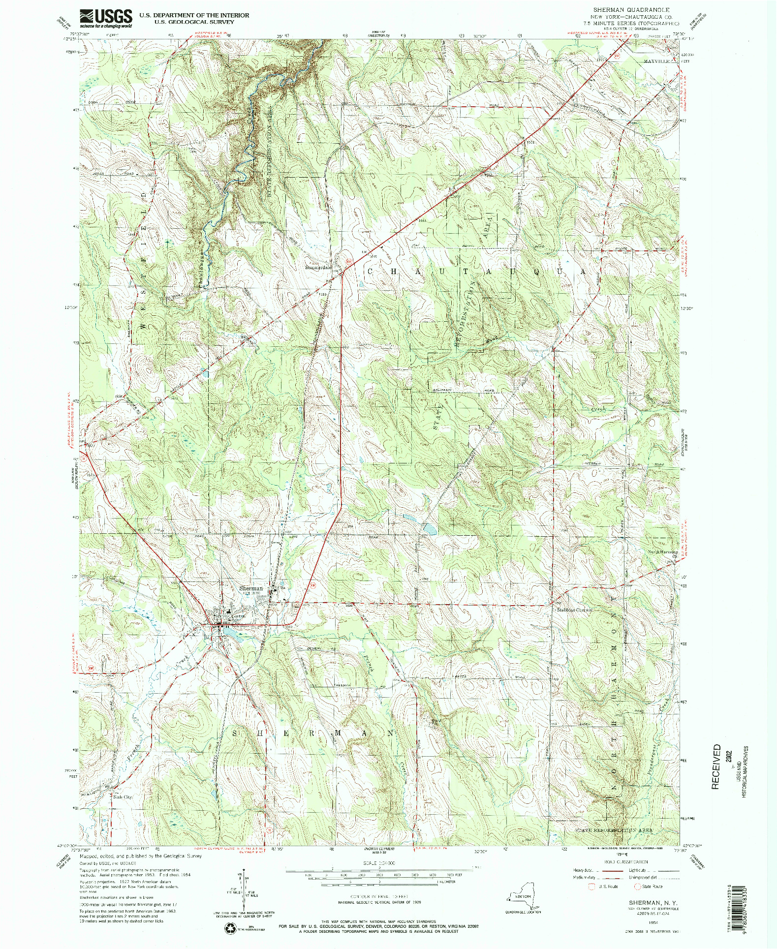 USGS 1:24000-SCALE QUADRANGLE FOR SHERMAN, NY 1954