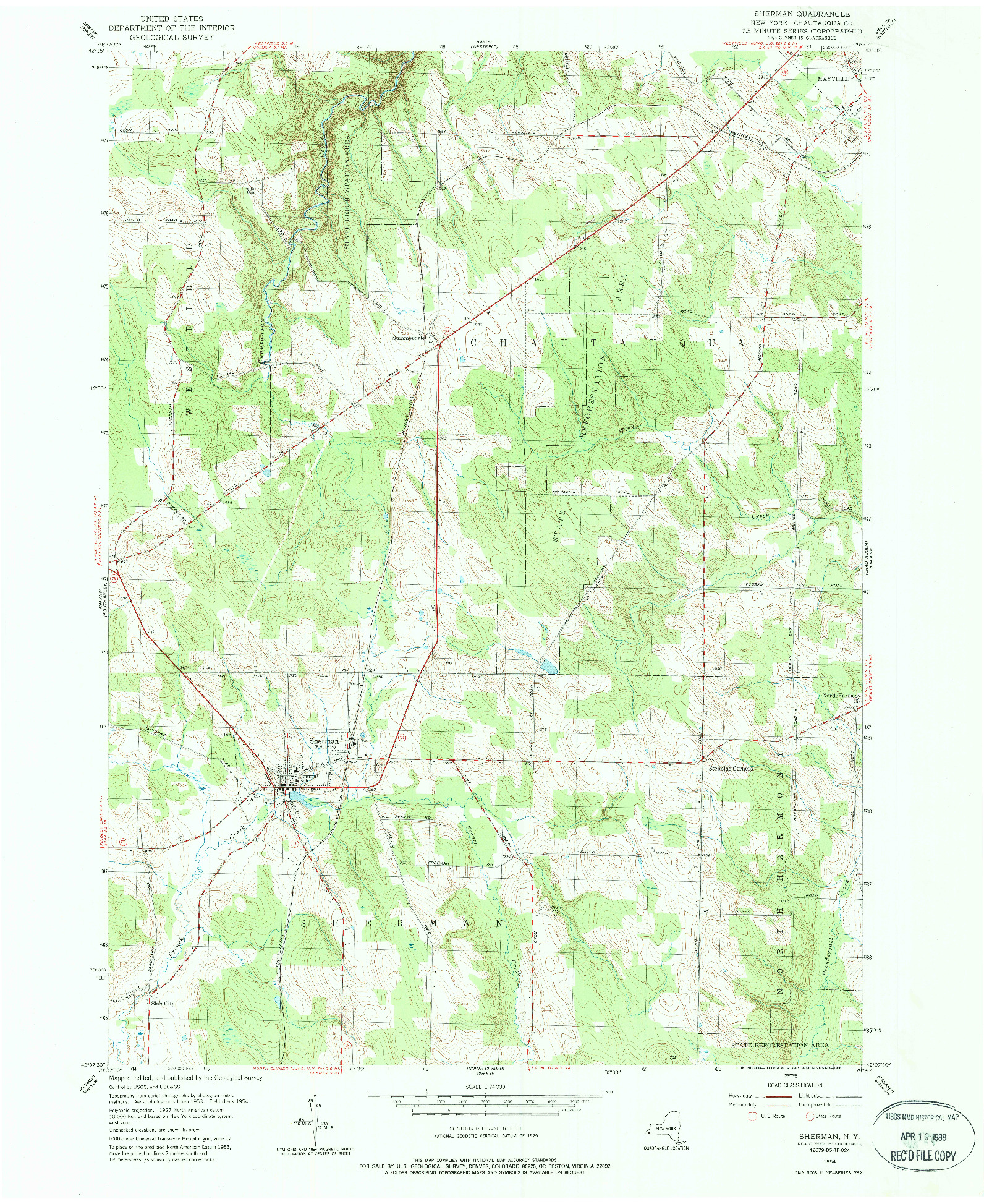 USGS 1:24000-SCALE QUADRANGLE FOR SHERMAN, NY 1954