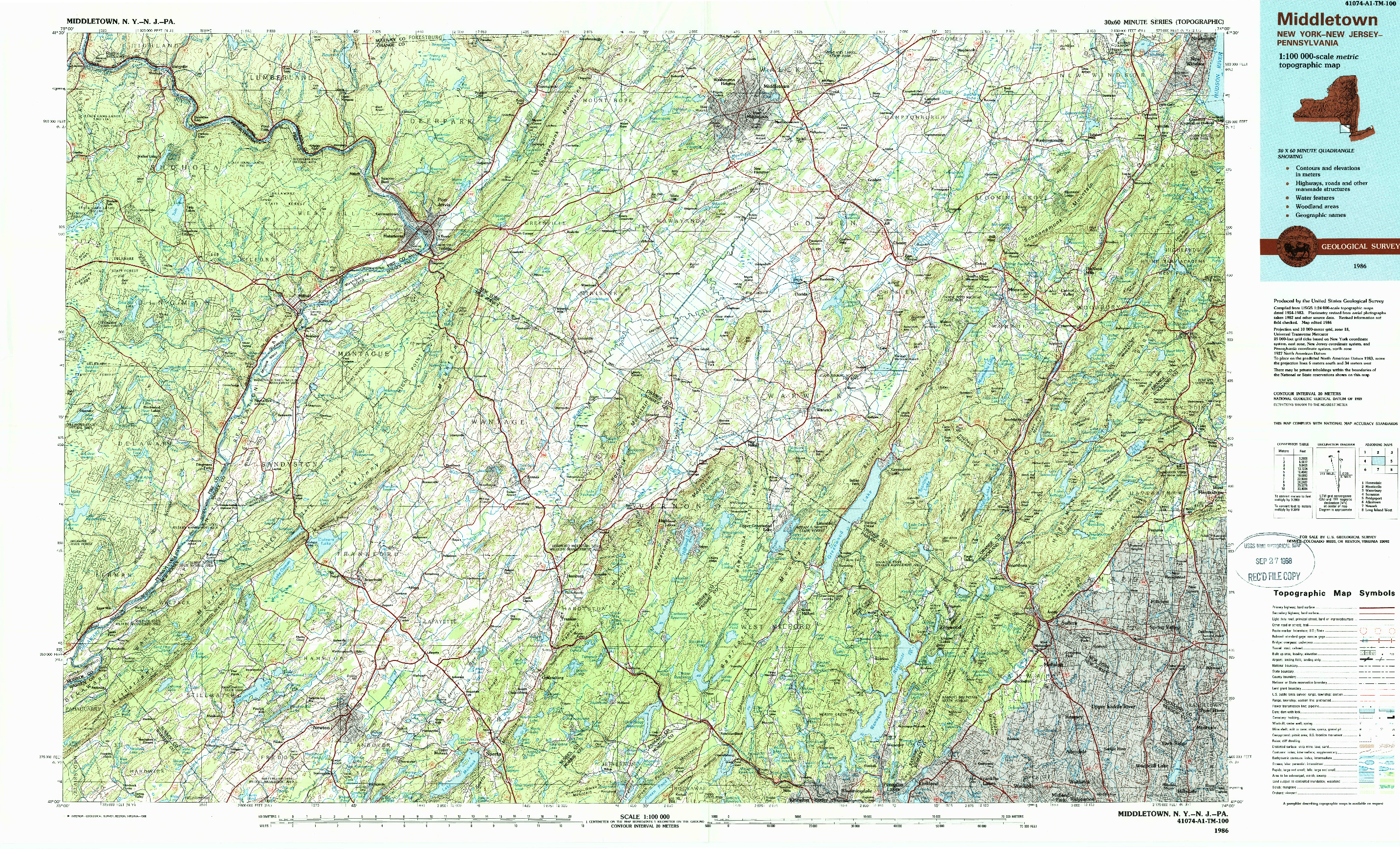 USGS 1:100000-SCALE QUADRANGLE FOR MIDDLETOWN, NY 1986