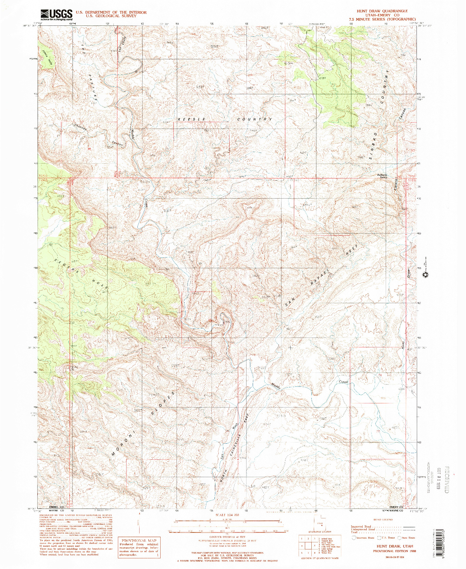 USGS 1:24000-SCALE QUADRANGLE FOR HUNT DRAW, UT 1988