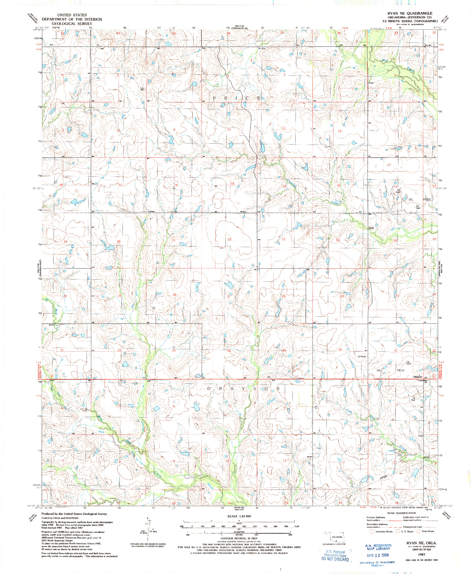 USGS 1:24000-SCALE QUADRANGLE FOR RYAN NE, OK 1987