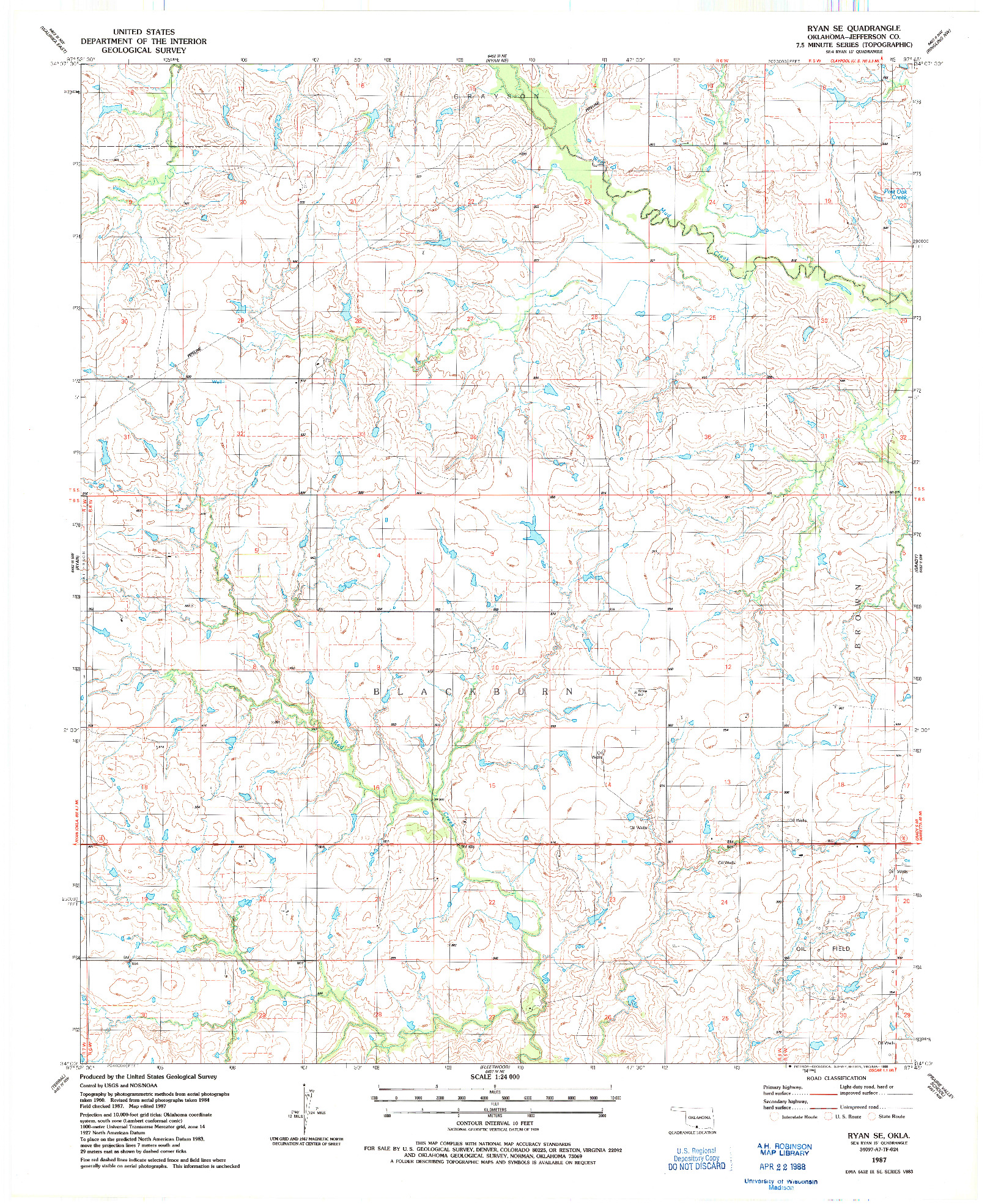 USGS 1:24000-SCALE QUADRANGLE FOR RYAN SE, OK 1987