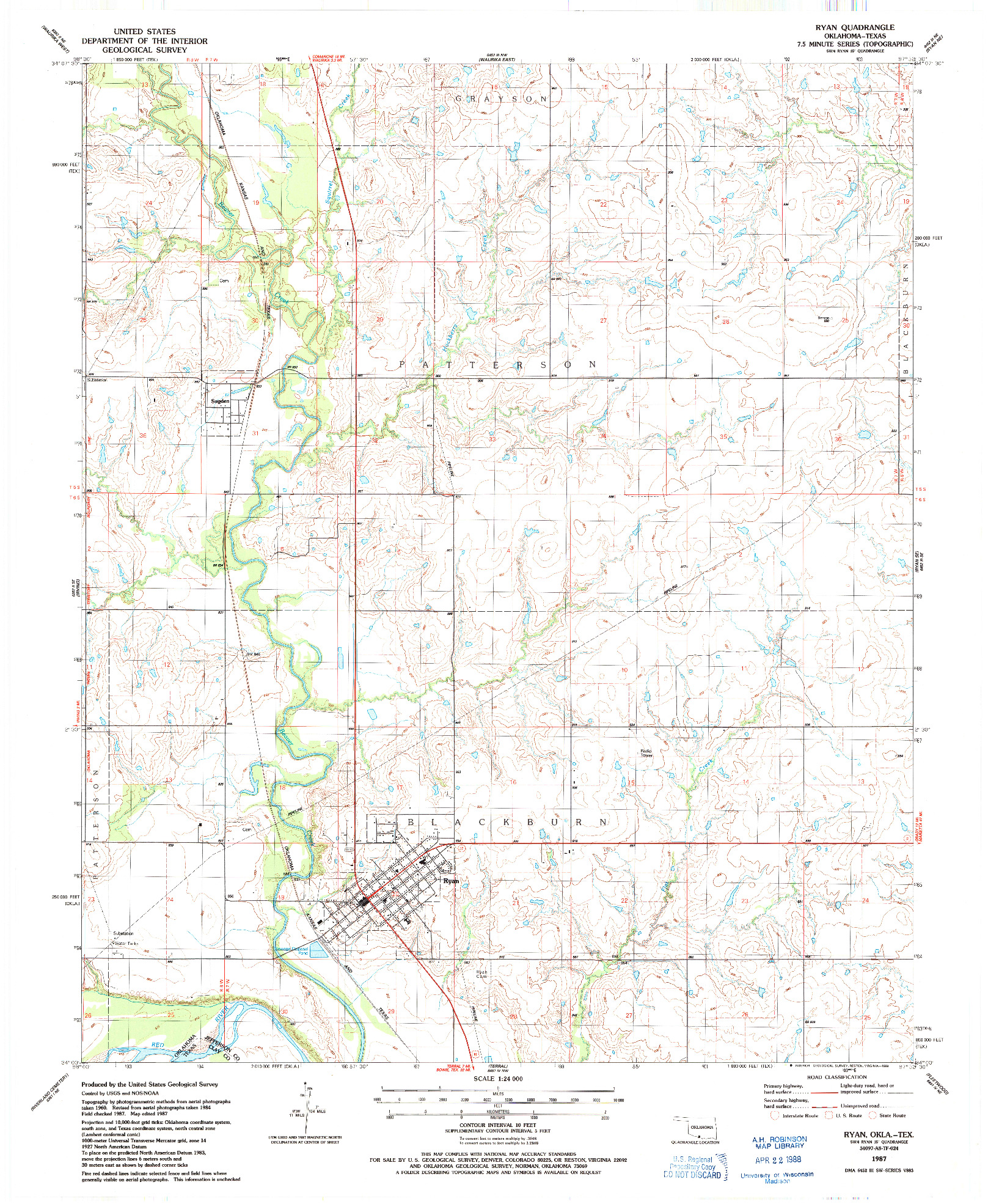 USGS 1:24000-SCALE QUADRANGLE FOR RYAN, OK 1987