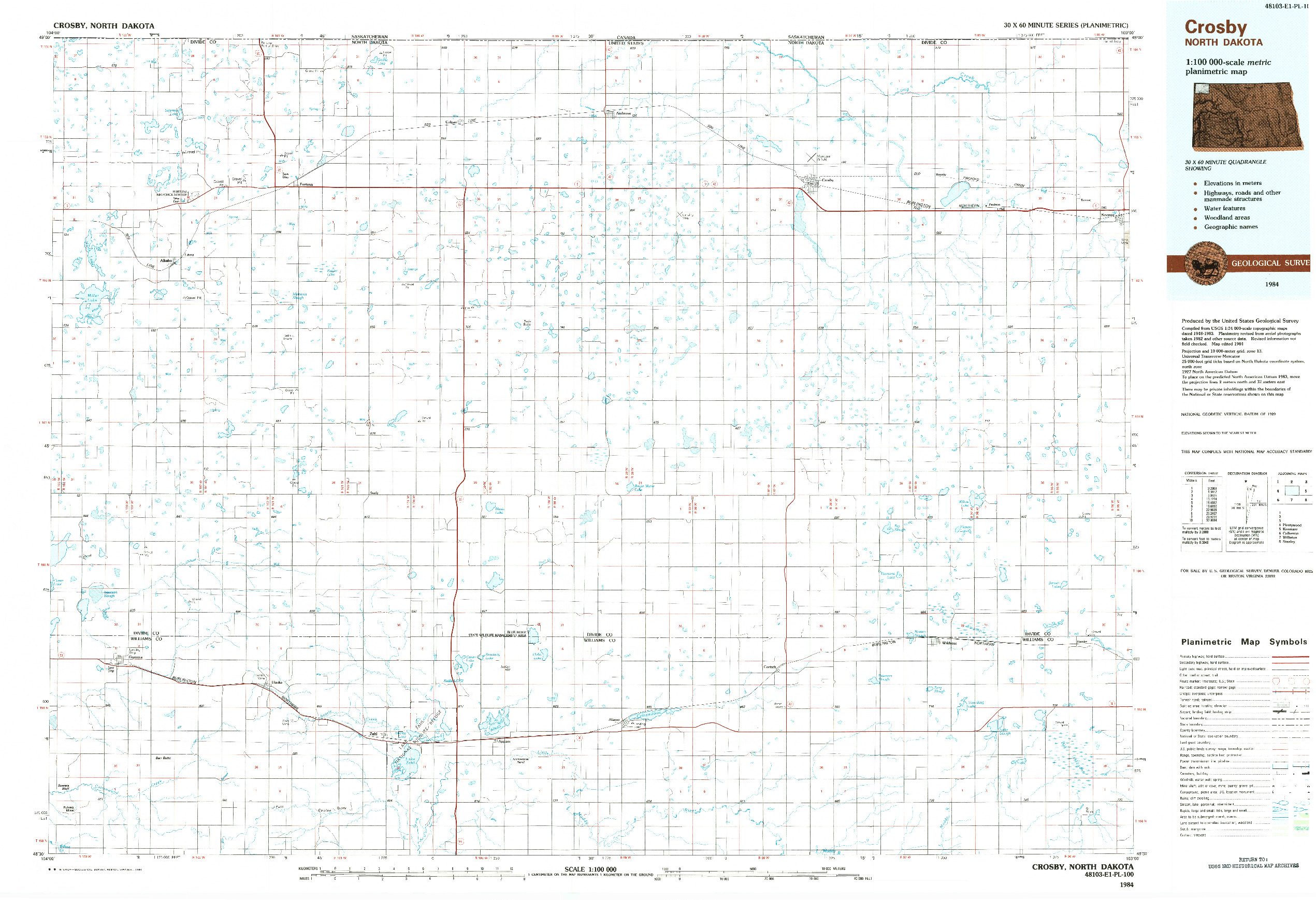 USGS 1:100000-SCALE QUADRANGLE FOR CROSBY, ND 1984