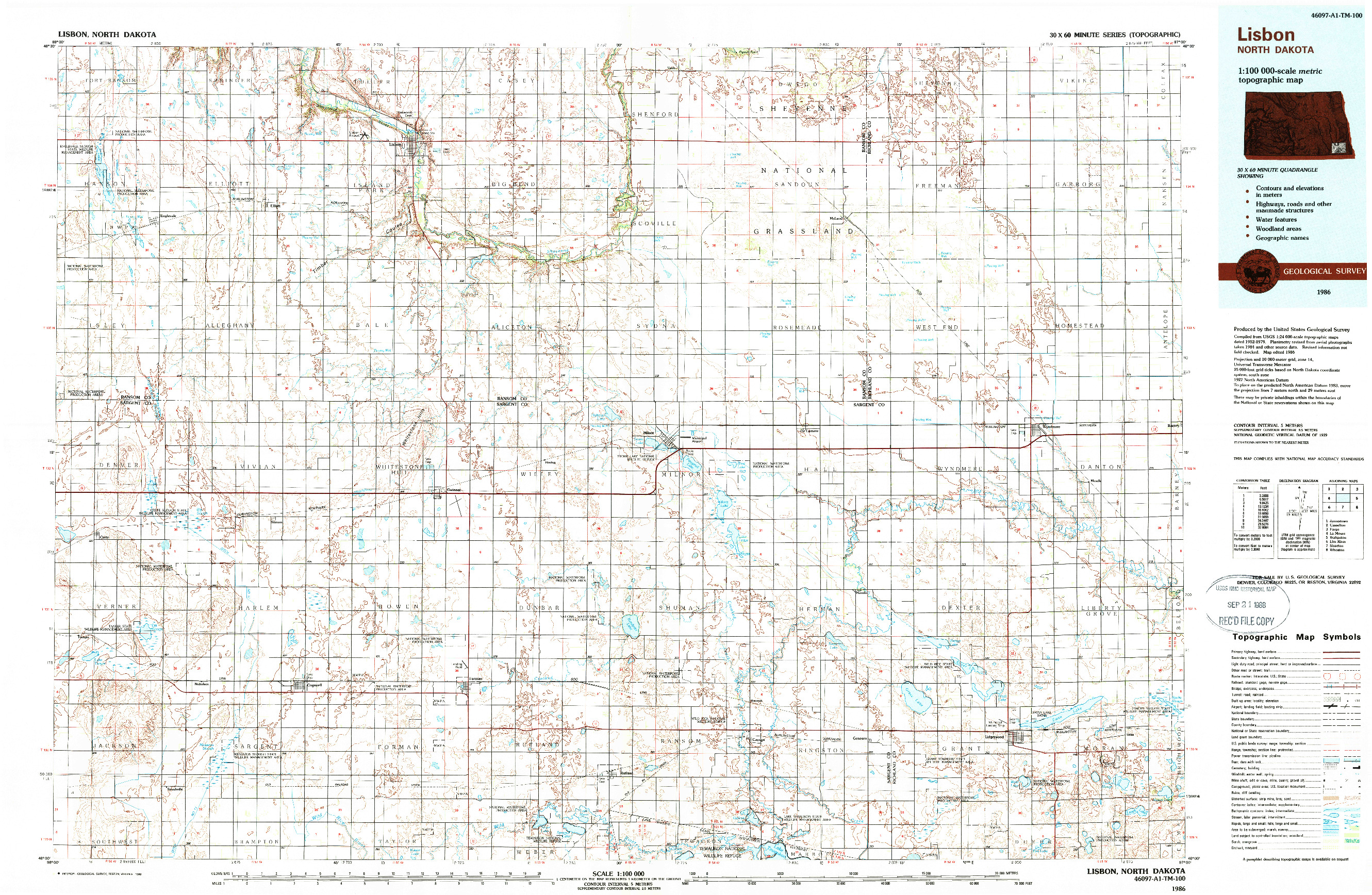 USGS 1:100000-SCALE QUADRANGLE FOR LISBON, ND 1986