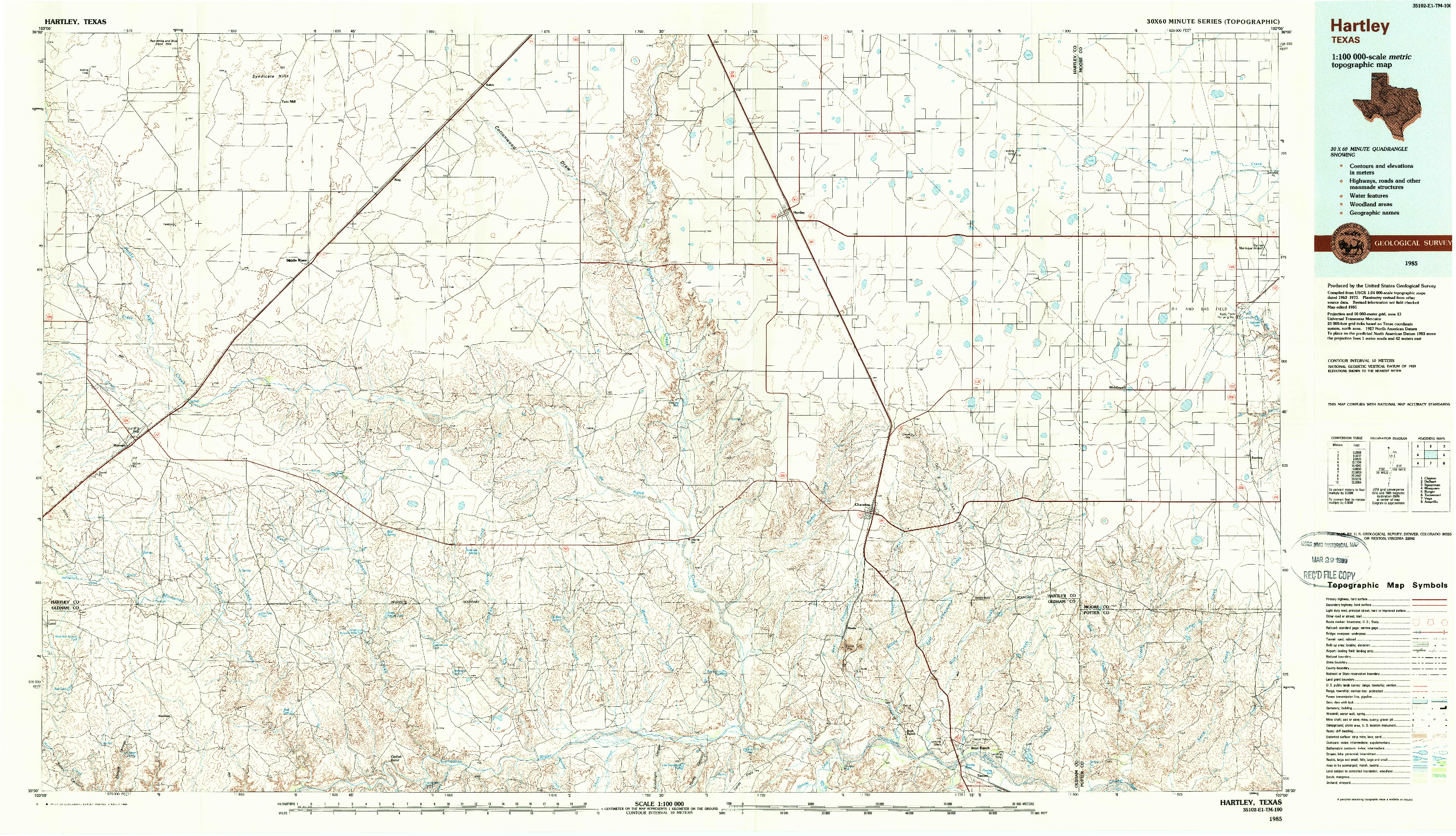USGS 1:100000-SCALE QUADRANGLE FOR HARTLEY, TX 1985