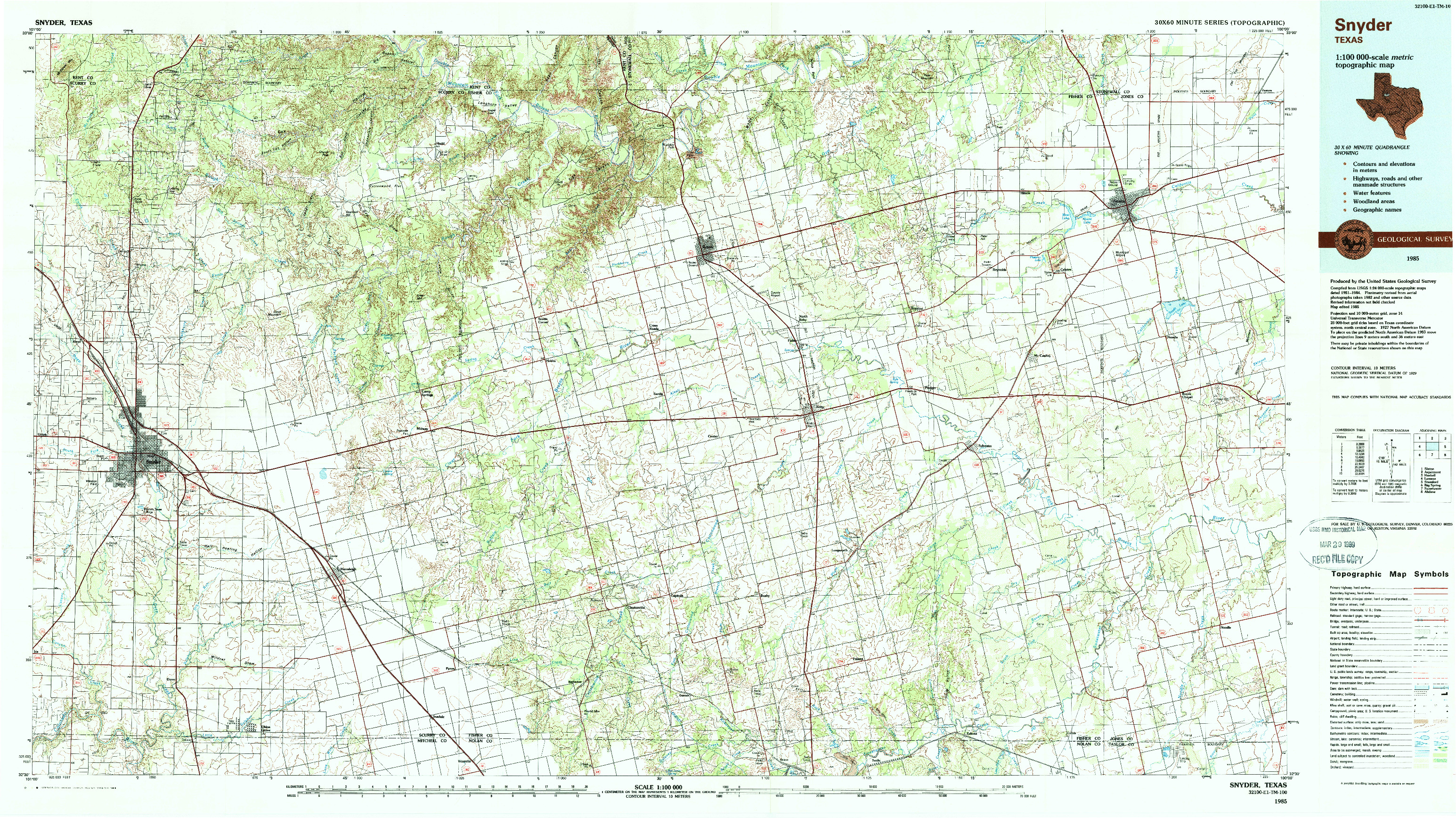 USGS 1:100000-SCALE QUADRANGLE FOR SNYDER, TX 1985