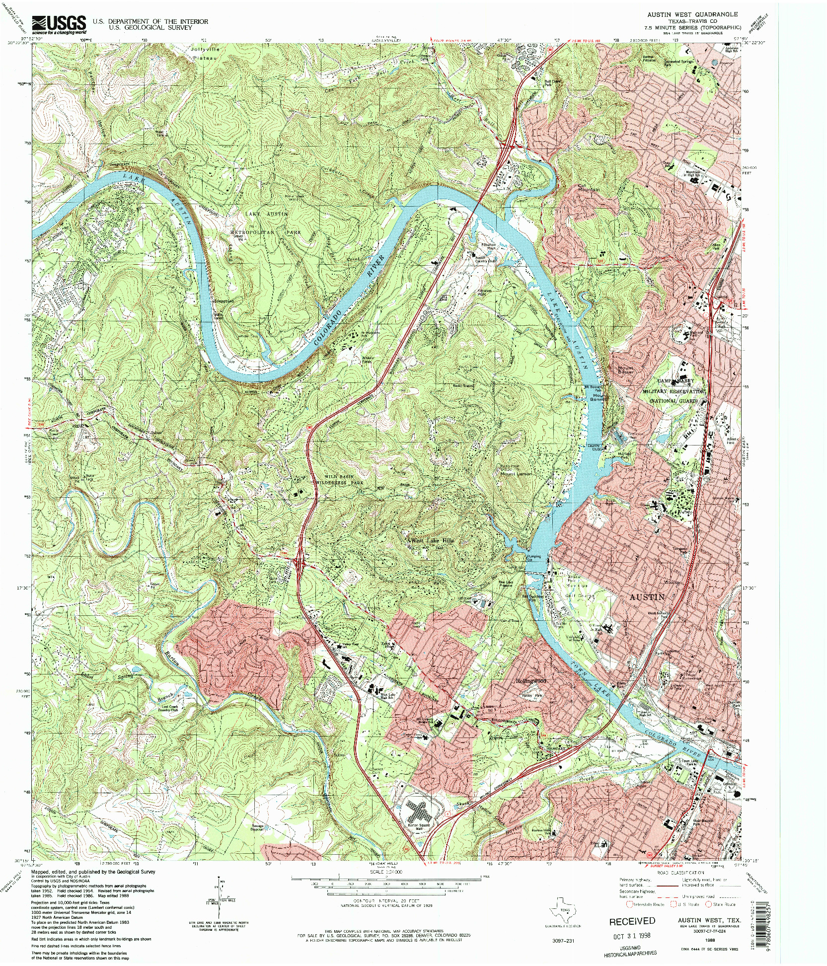 USGS 1:24000-SCALE QUADRANGLE FOR AUSTIN WEST, TX 1988