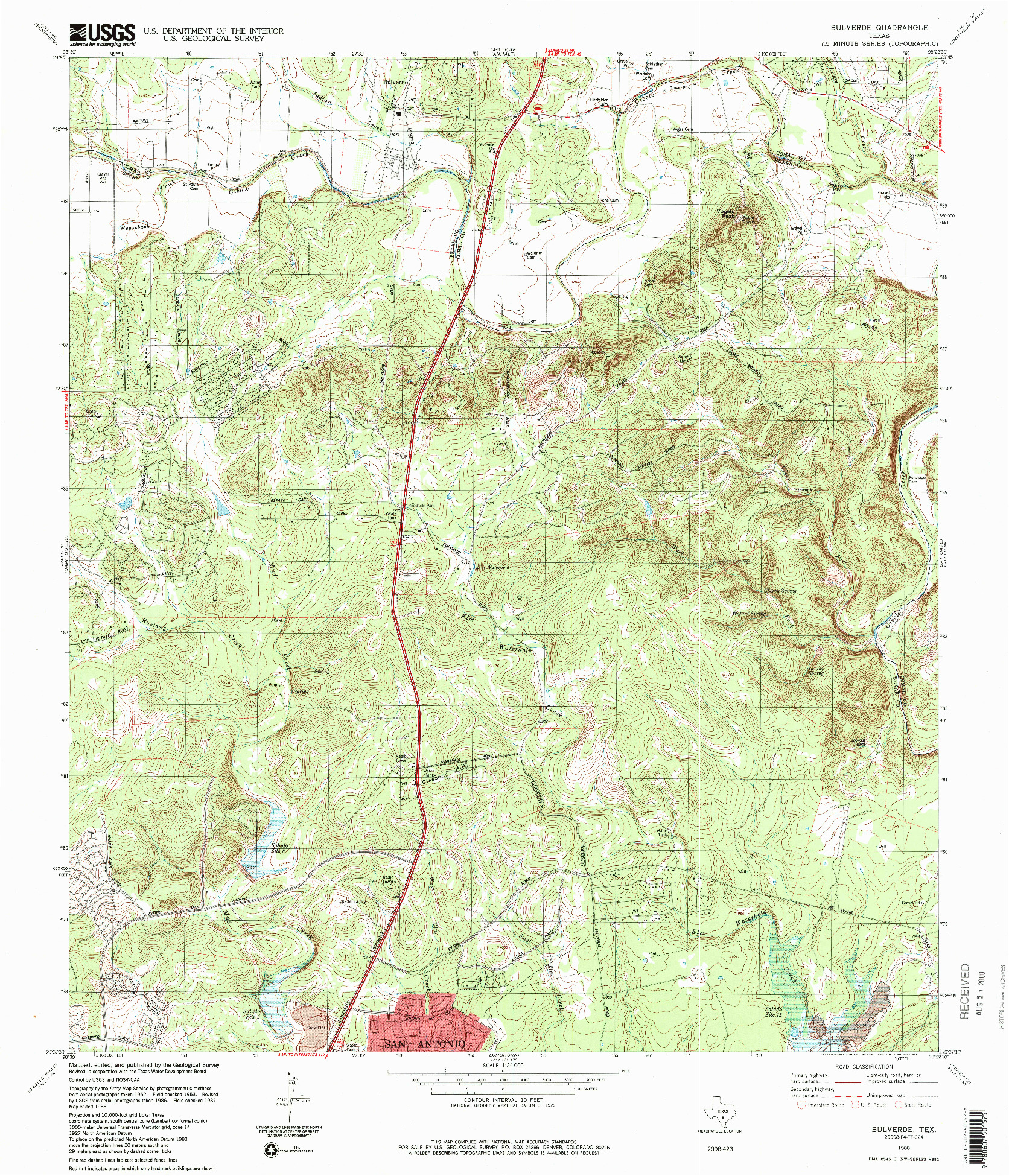 USGS 1:24000-SCALE QUADRANGLE FOR BULVERDE, TX 1988