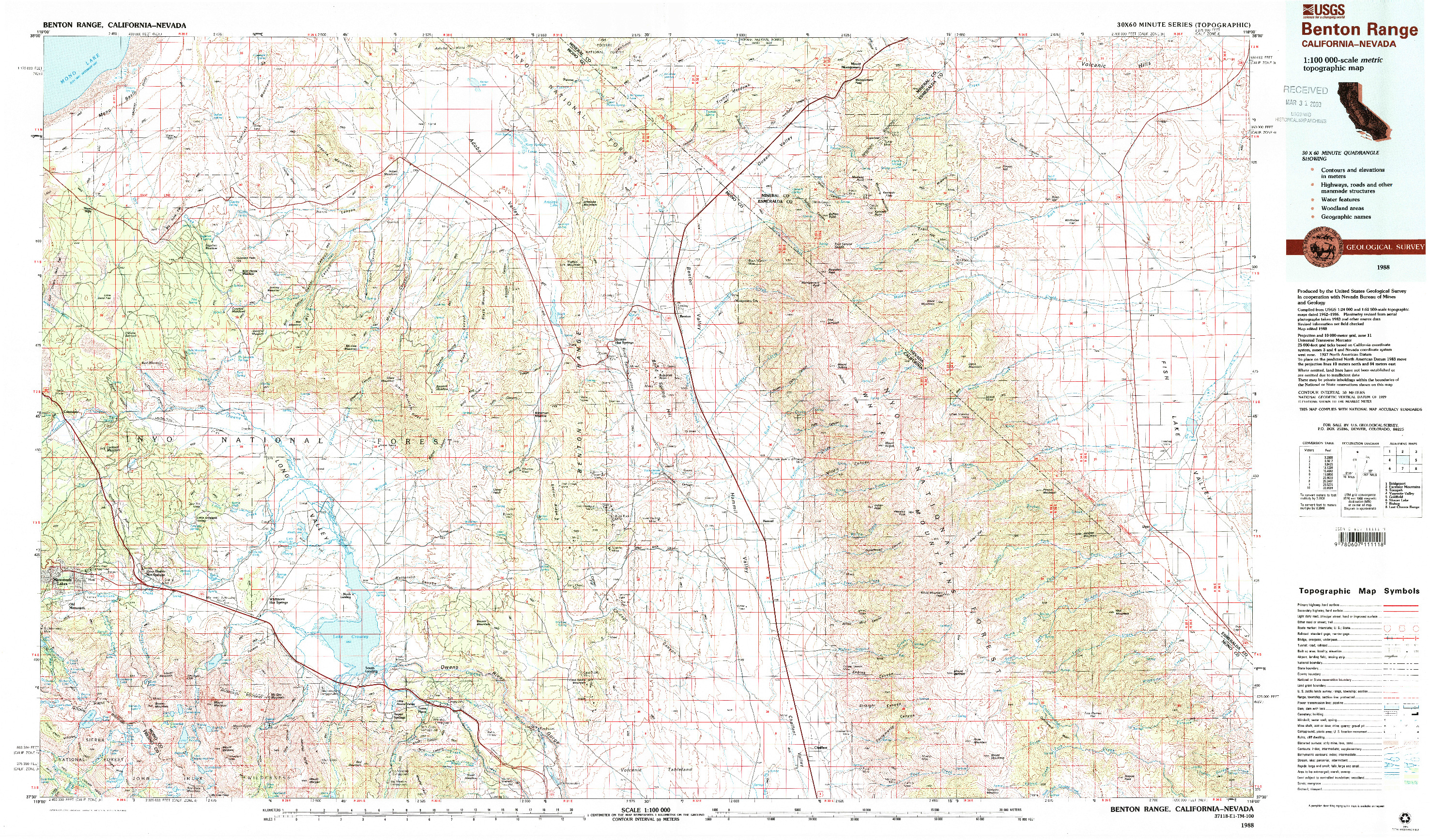 USGS 1:100000-SCALE QUADRANGLE FOR BENTON RANGE, CA 1988