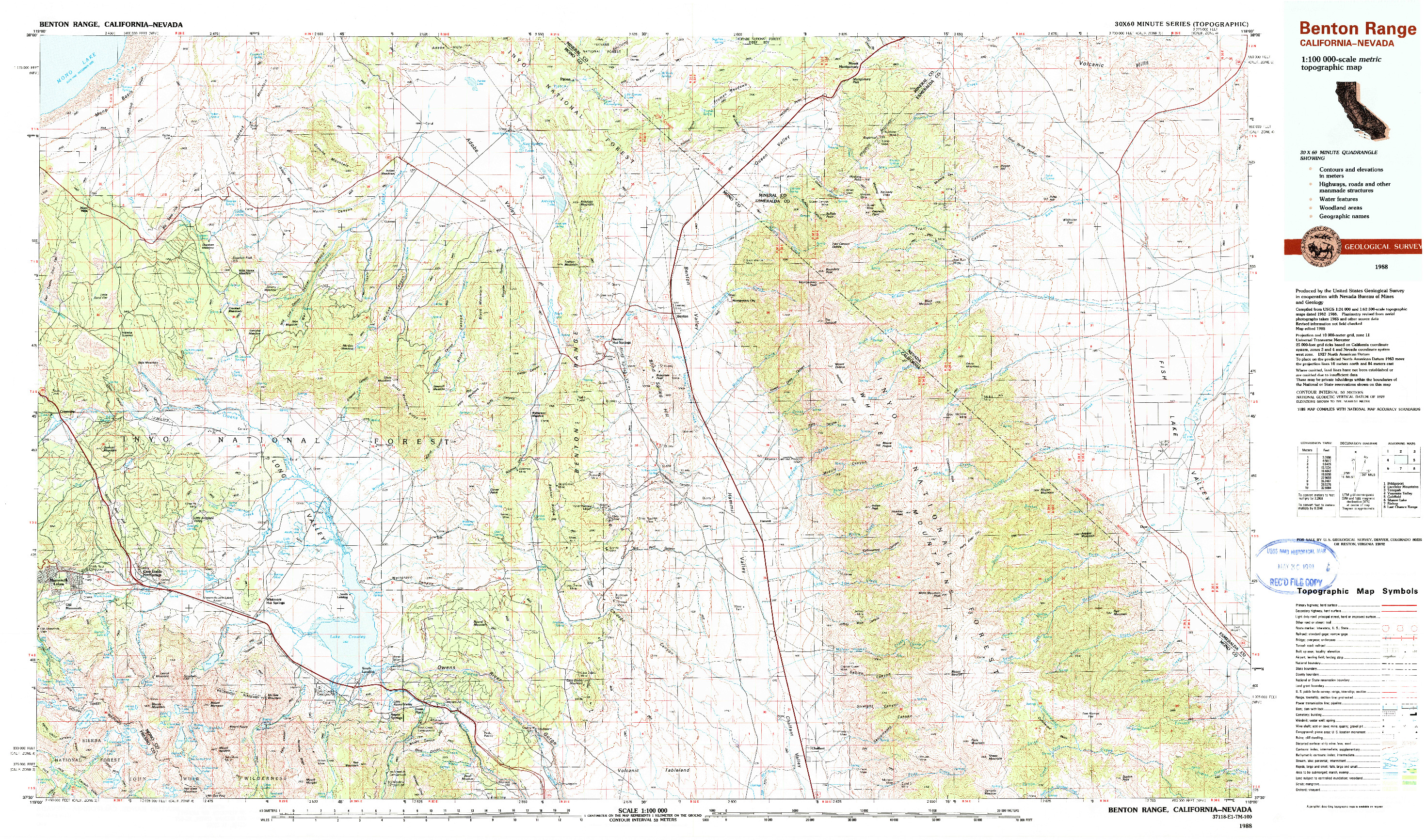 USGS 1:100000-SCALE QUADRANGLE FOR BENTON RANGE, CA 1988