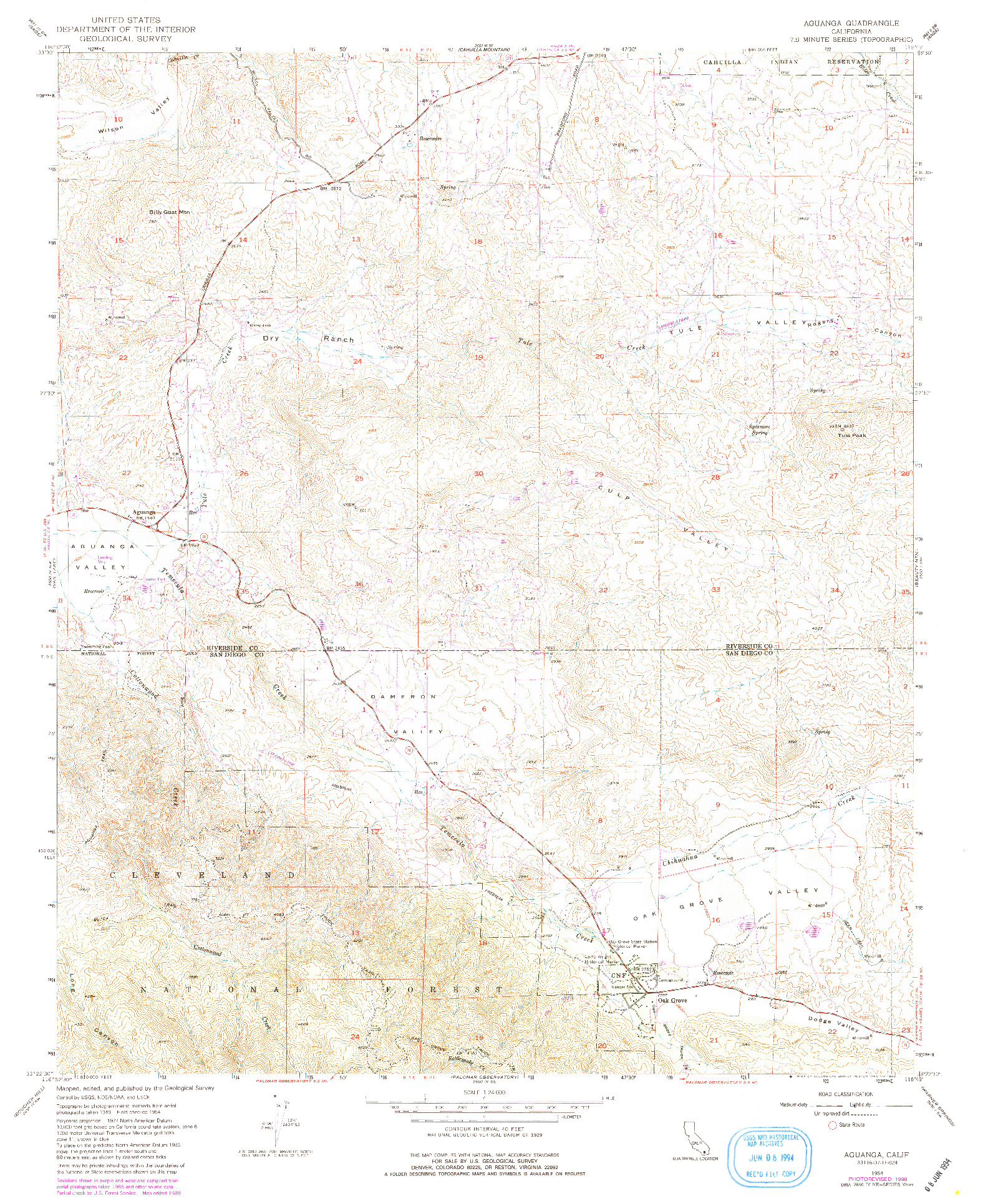 USGS 1:24000-SCALE QUADRANGLE FOR AGUANGA, CA 1954