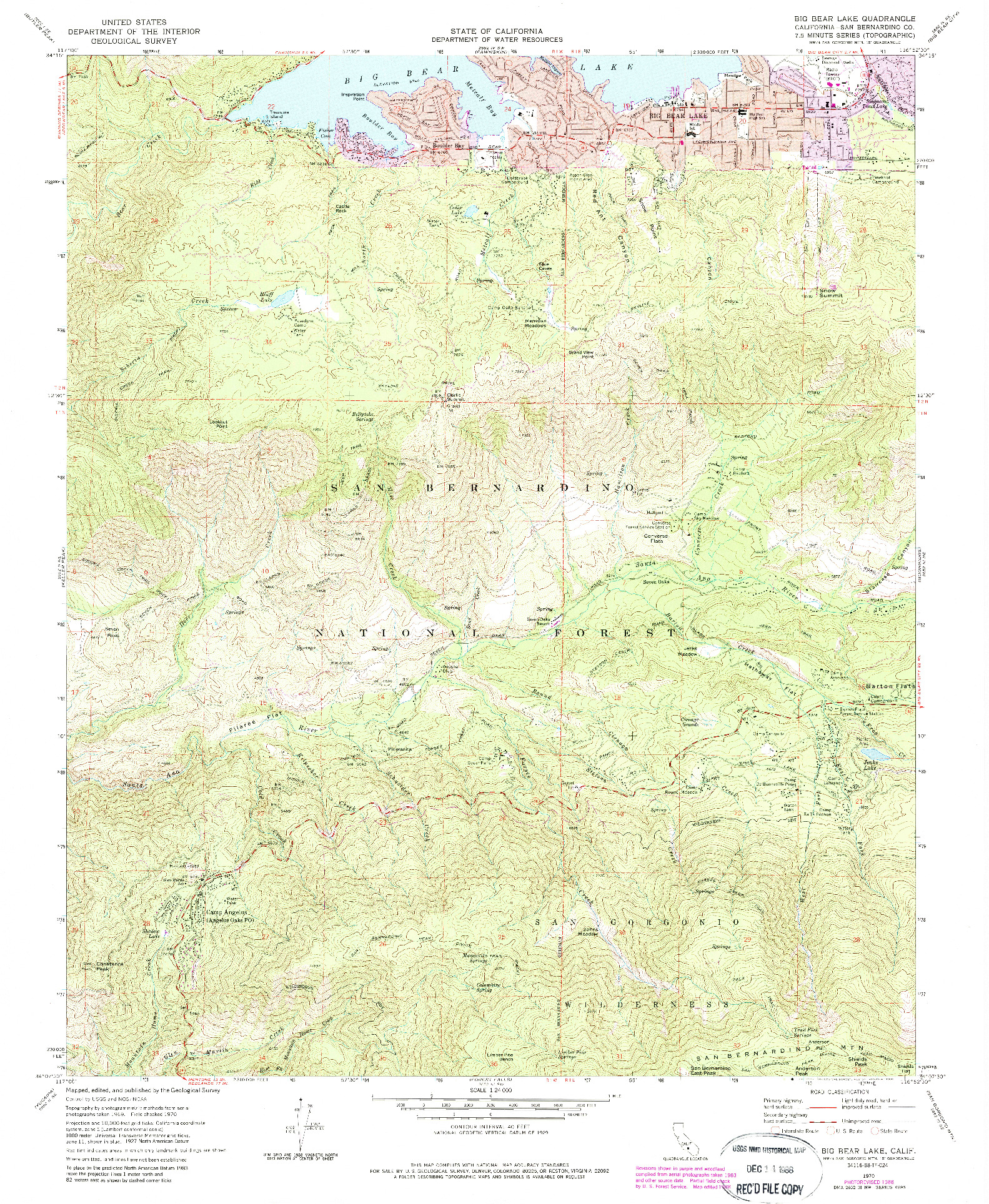 USGS 1:24000-SCALE QUADRANGLE FOR BIG BEAR LAKE, CA 1970