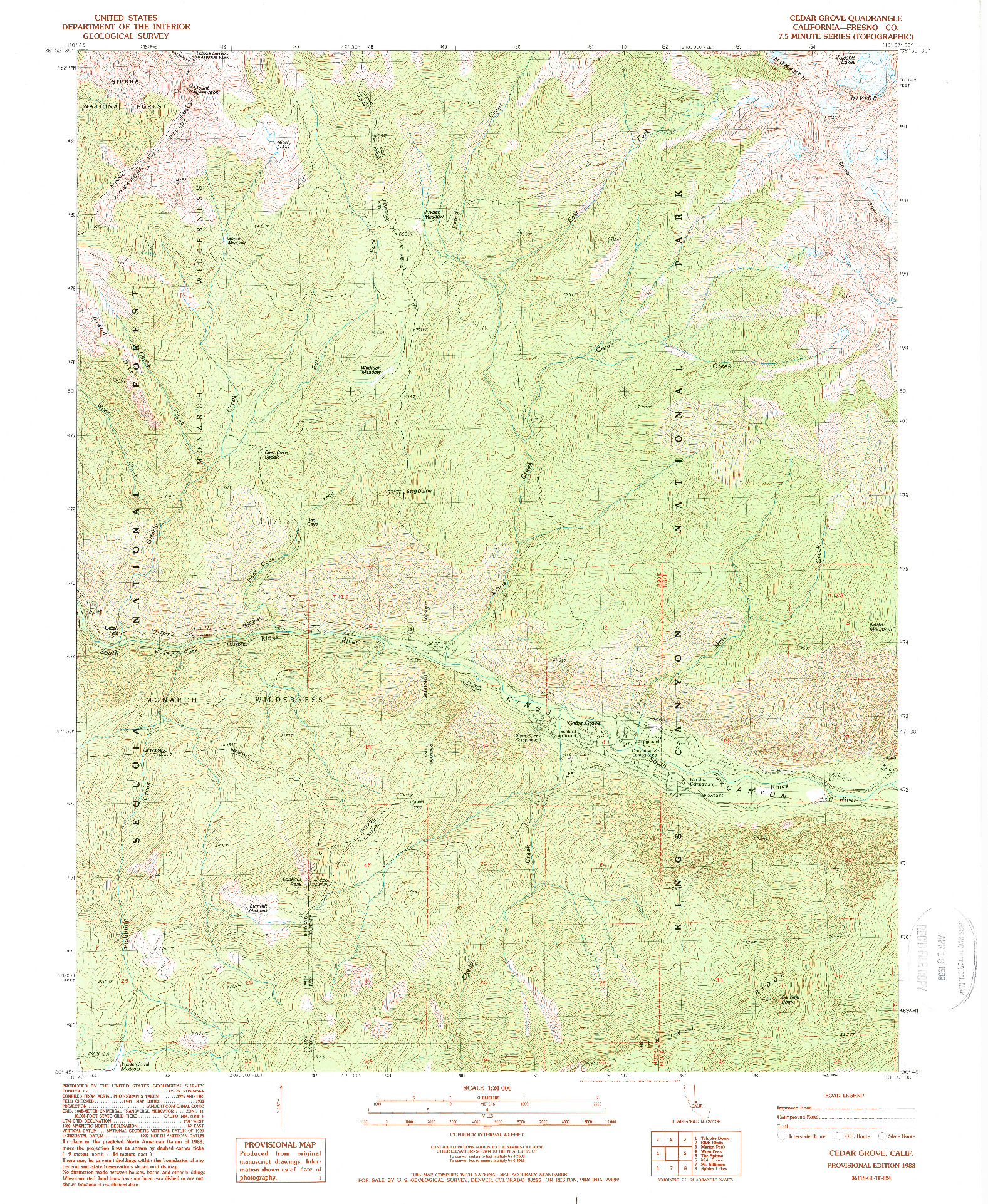 USGS 1:24000-SCALE QUADRANGLE FOR CEDAR GROVE, CA 1988