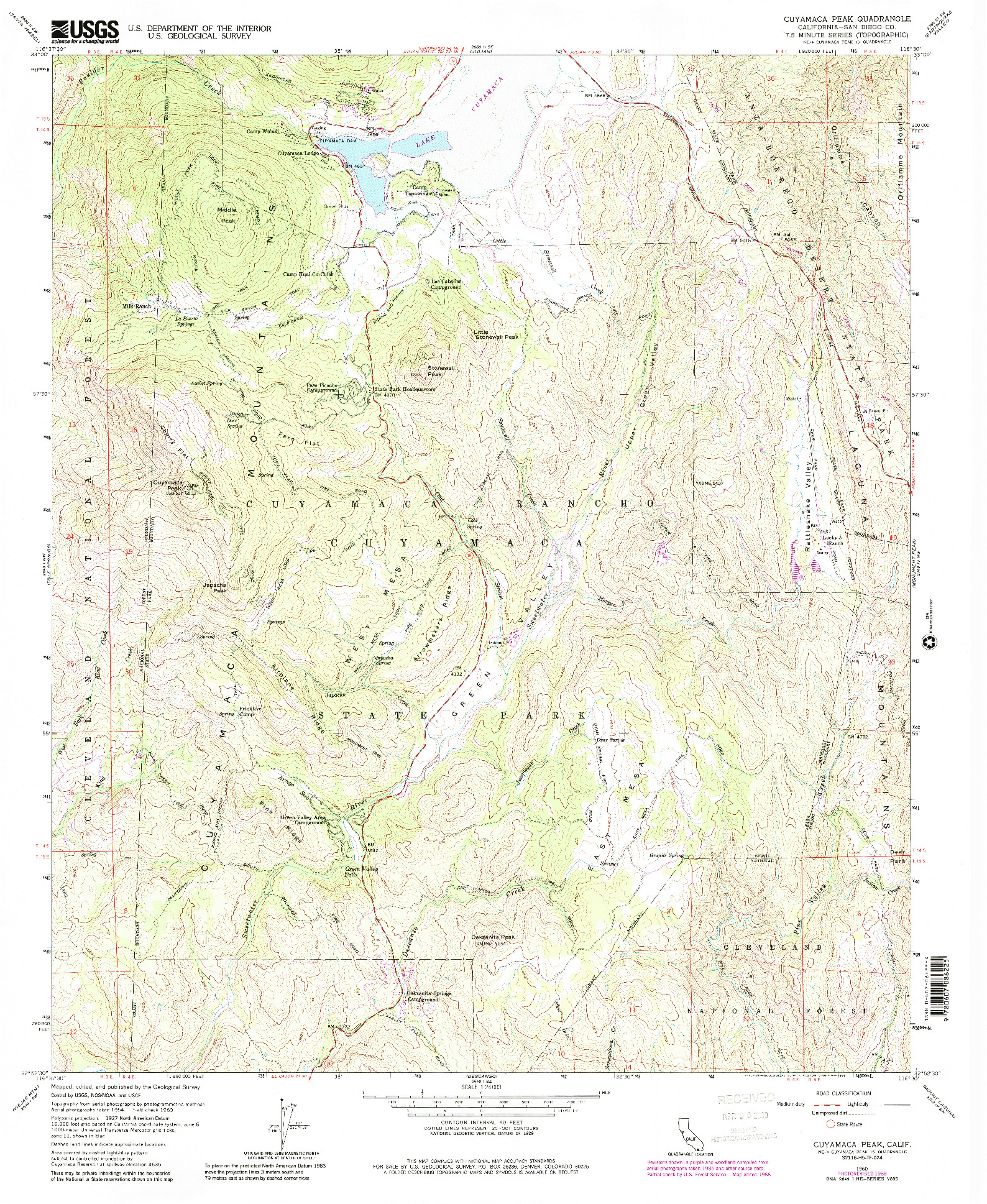 USGS 1:24000-SCALE QUADRANGLE FOR CUYAMACA PEAK, CA 1960