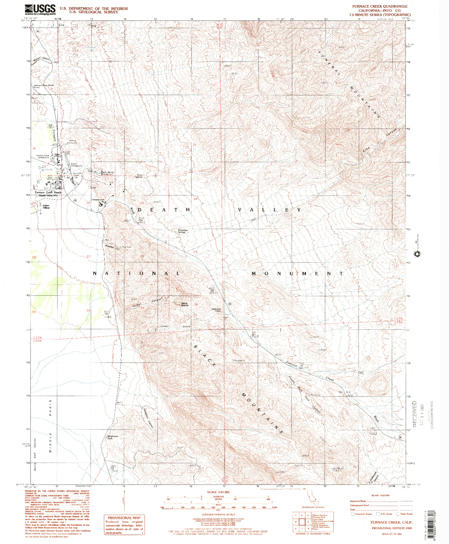 USGS 1:24000-SCALE QUADRANGLE FOR FURNACE CREEK, CA 1988