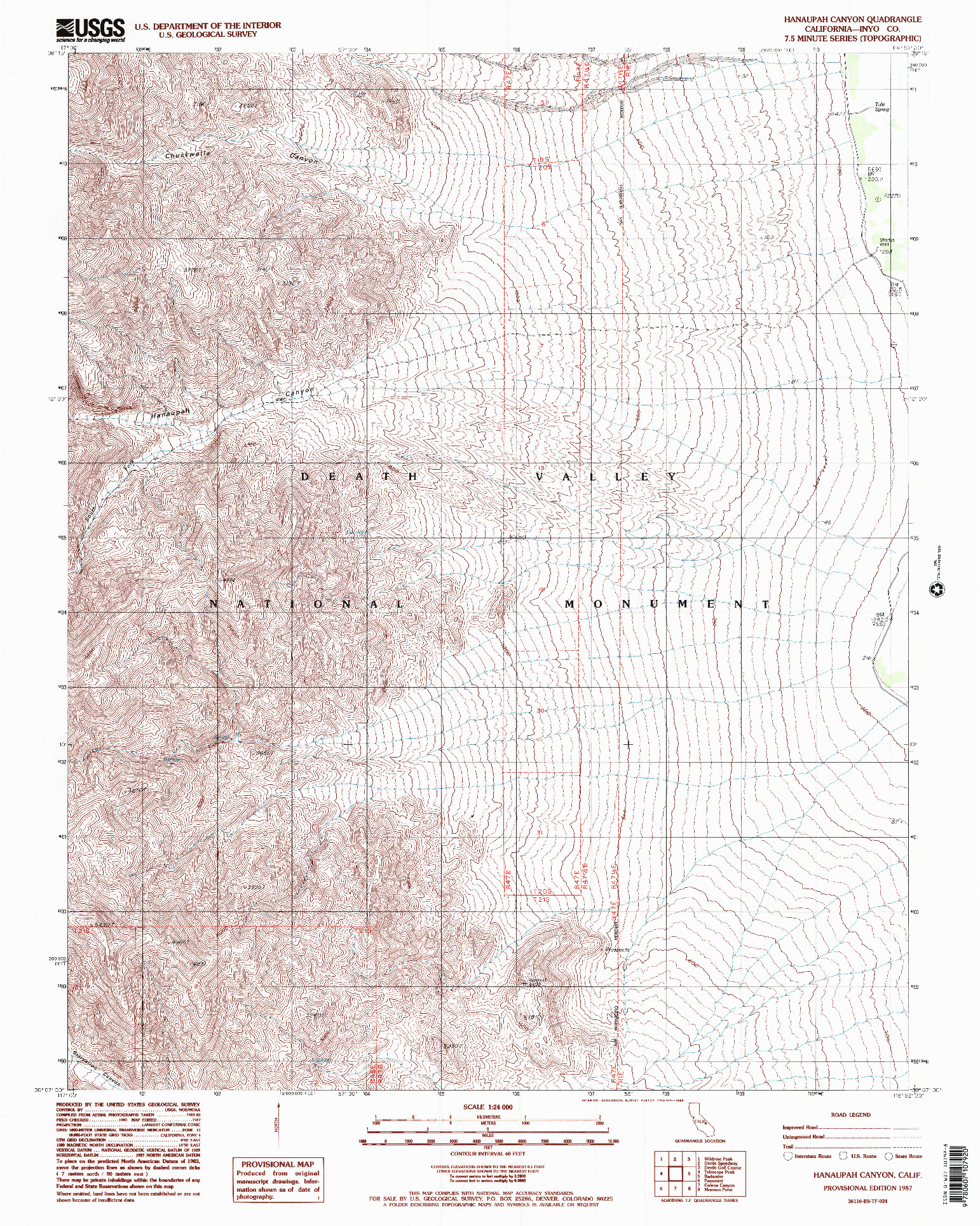 USGS 1:24000-SCALE QUADRANGLE FOR HANAUPAH CANYON, CA 1987