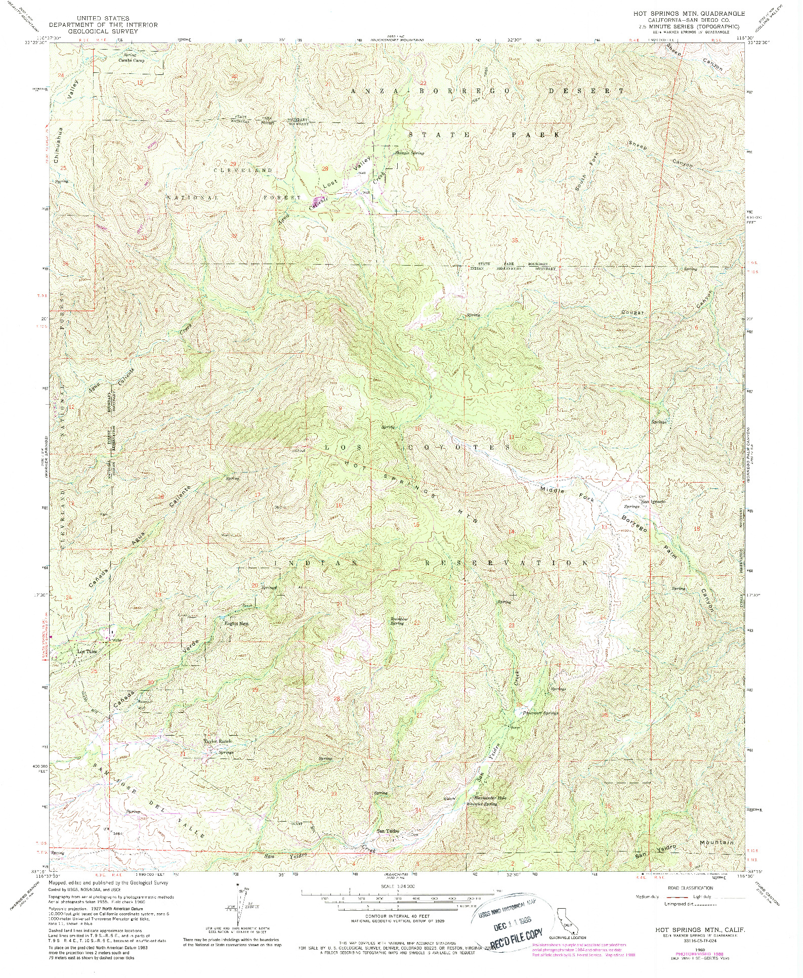 USGS 1:24000-SCALE QUADRANGLE FOR HOT SPRINGS MTN., CA 1960