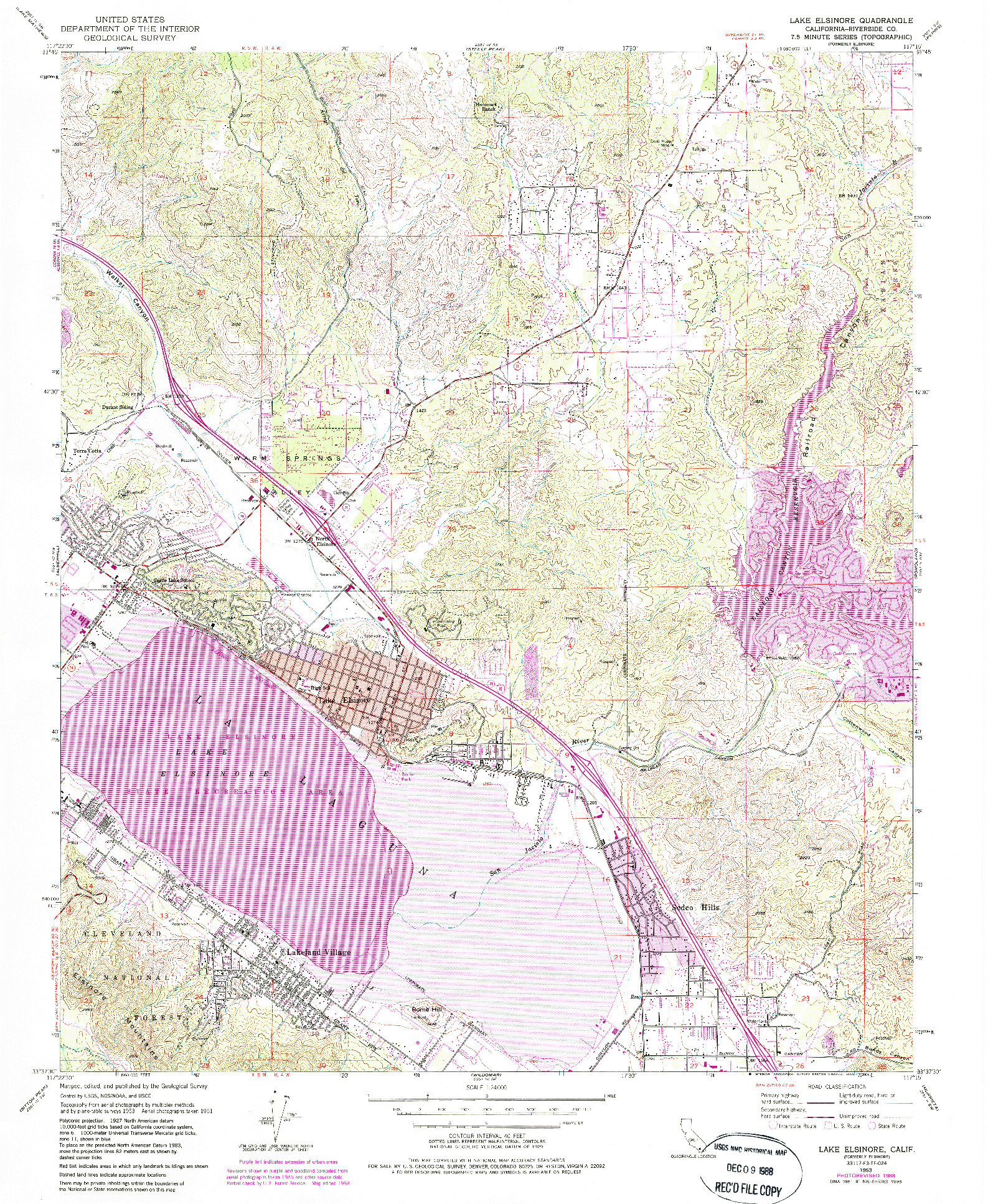 USGS 1:24000-SCALE QUADRANGLE FOR LAKE ELSINORE, CA 1953
