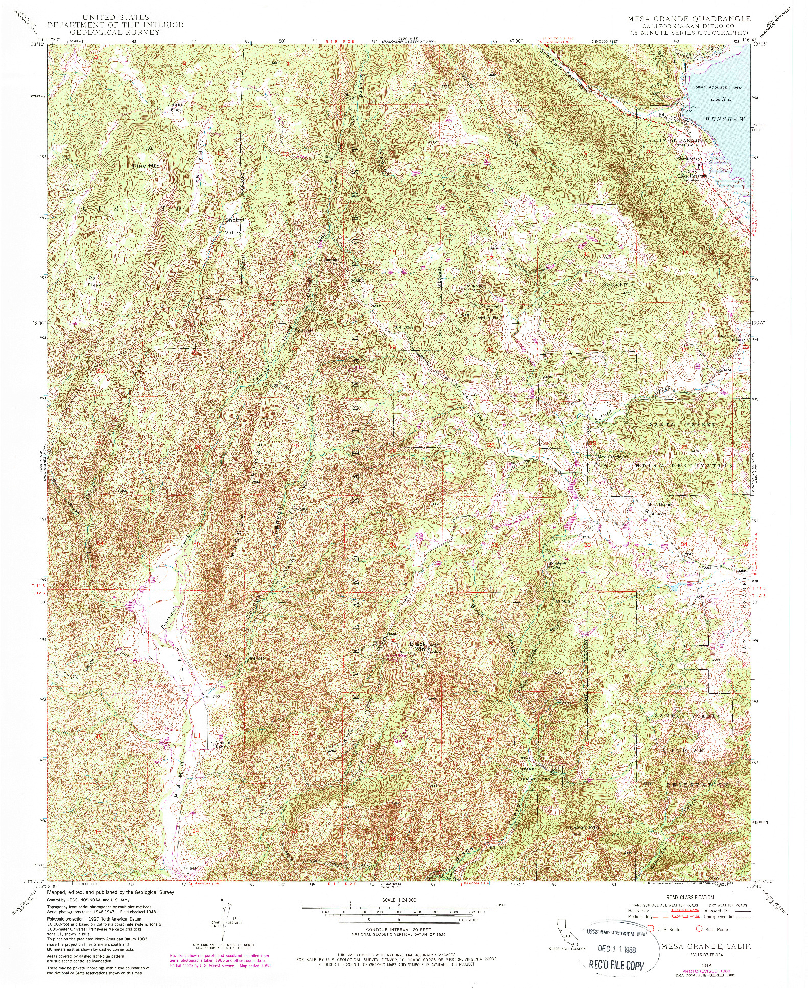 USGS 1:24000-SCALE QUADRANGLE FOR MESA GRANDE, CA 1948