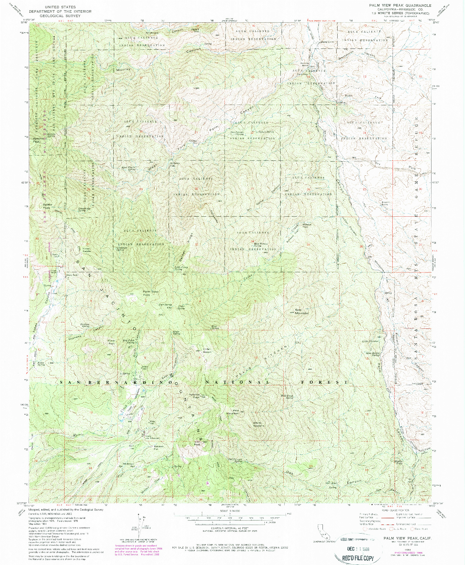 USGS 1:24000-SCALE QUADRANGLE FOR PALM VIEW PEAK, CA 1981