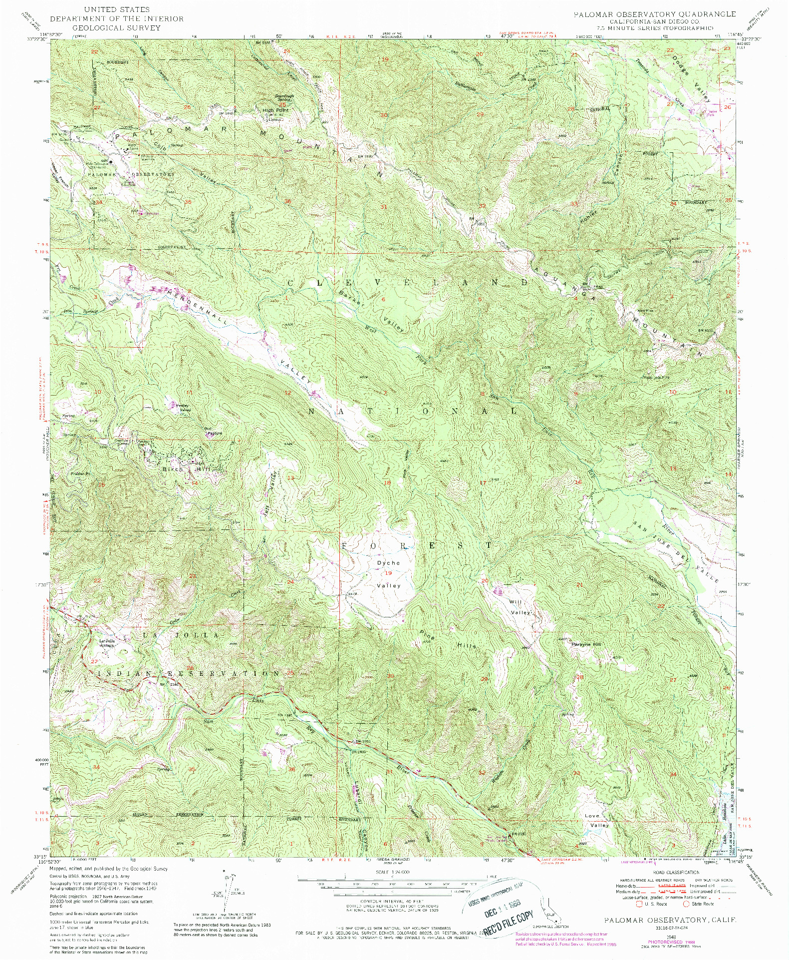 USGS 1:24000-SCALE QUADRANGLE FOR PALOMAR OBSERVATORY, CA 1949