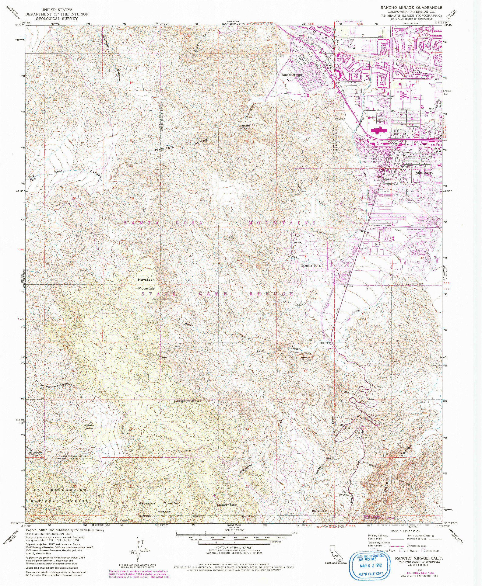 USGS 1:24000-SCALE QUADRANGLE FOR RANCHO MIRAGE, CA 1957