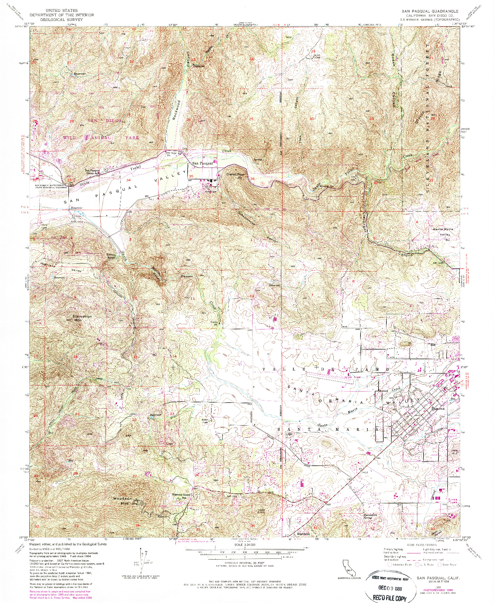 USGS 1:24000-SCALE QUADRANGLE FOR SAN PASQUAL, CA 1954