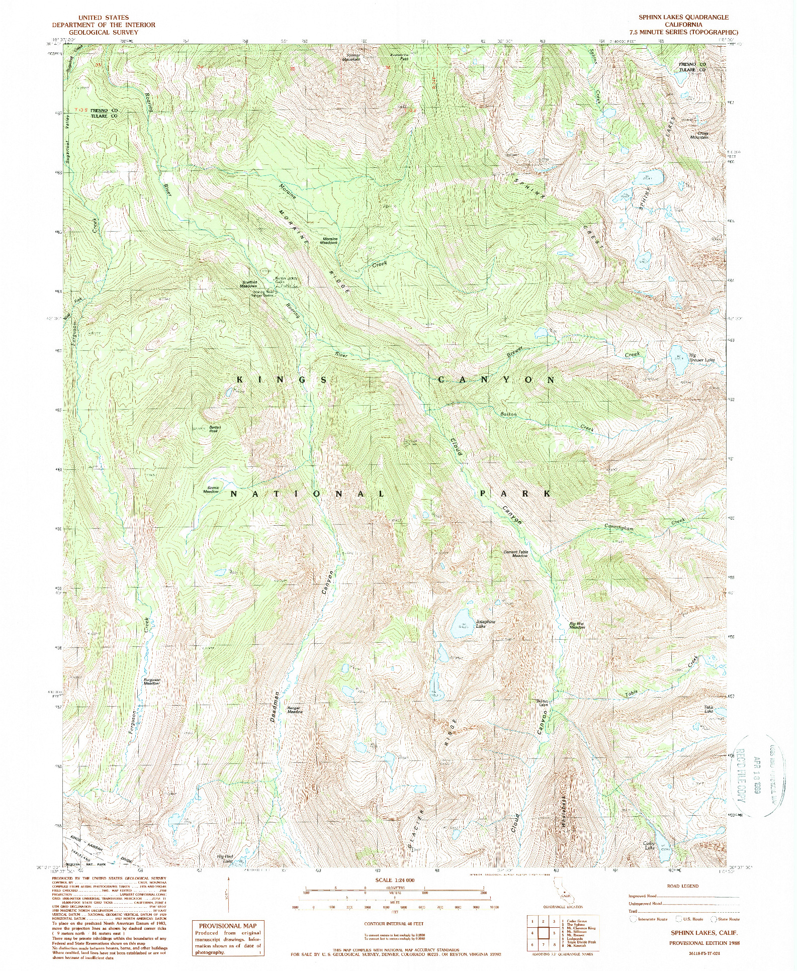 USGS 1:24000-SCALE QUADRANGLE FOR SPHINX LAKES, CA 1988