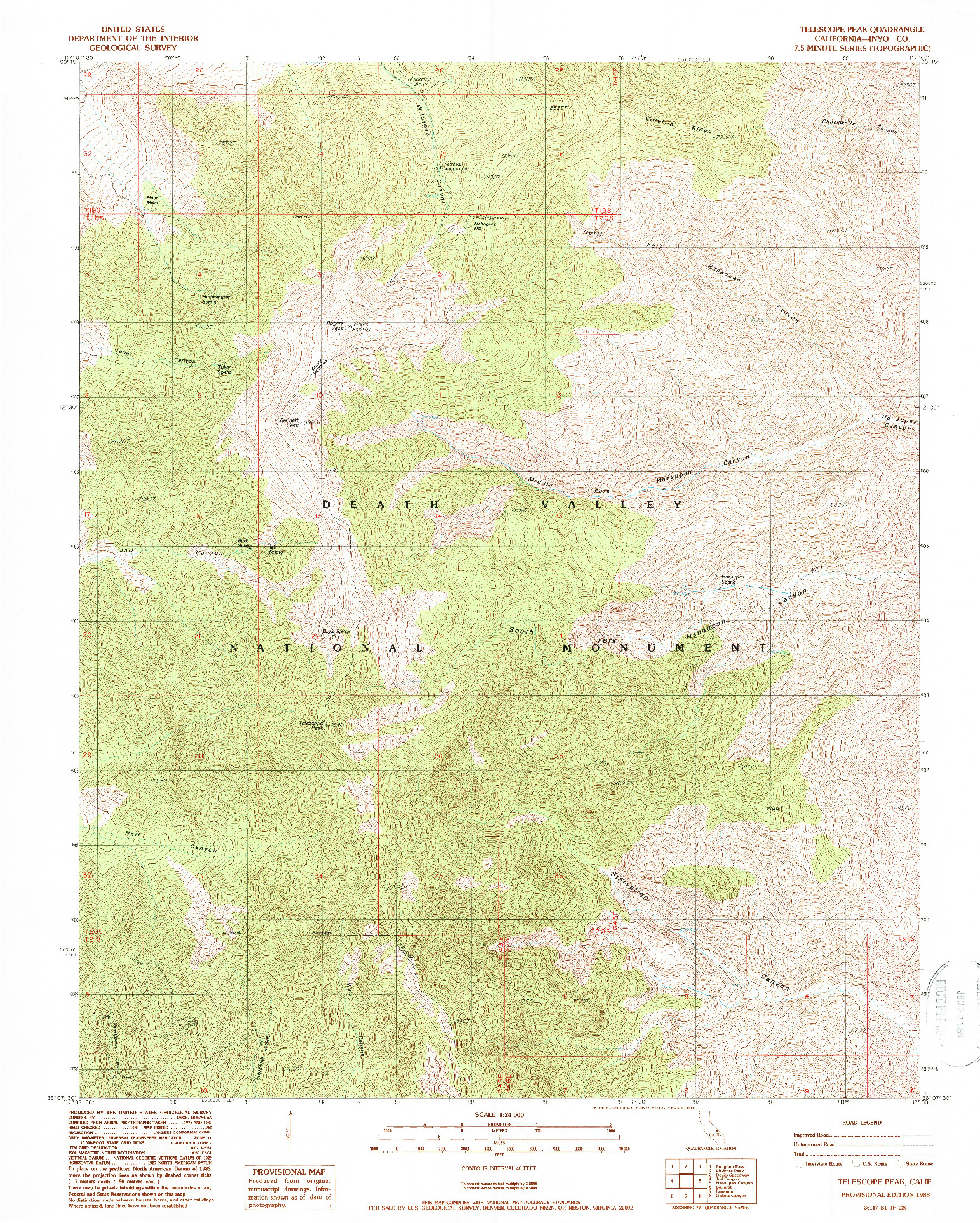 USGS 1:24000-SCALE QUADRANGLE FOR TELESCOPE PEAK, CA 1988