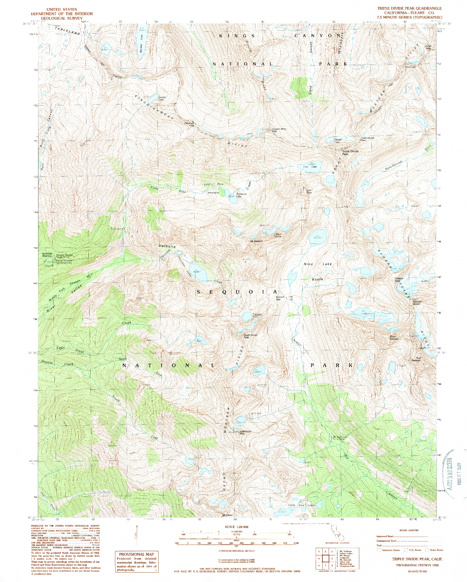 USGS 1:24000-SCALE QUADRANGLE FOR TRIPLE DIVIDE PEAK, CA 1988