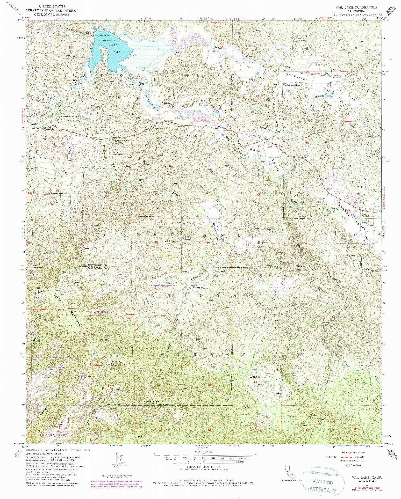 USGS 1:24000-SCALE QUADRANGLE FOR VAIL LAKE, CA 1953