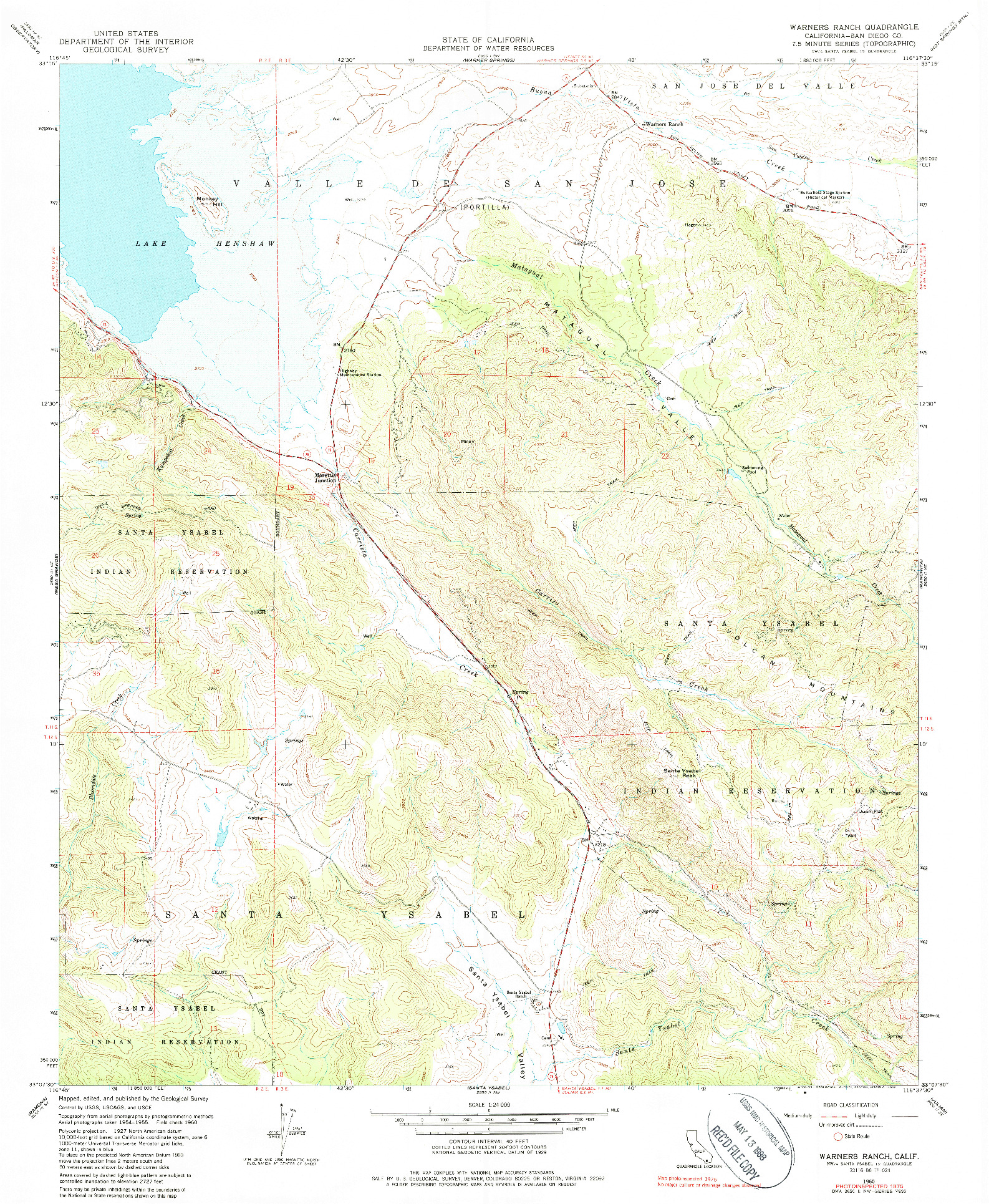 USGS 1:24000-SCALE QUADRANGLE FOR WARNERS RANCH, CA 1960