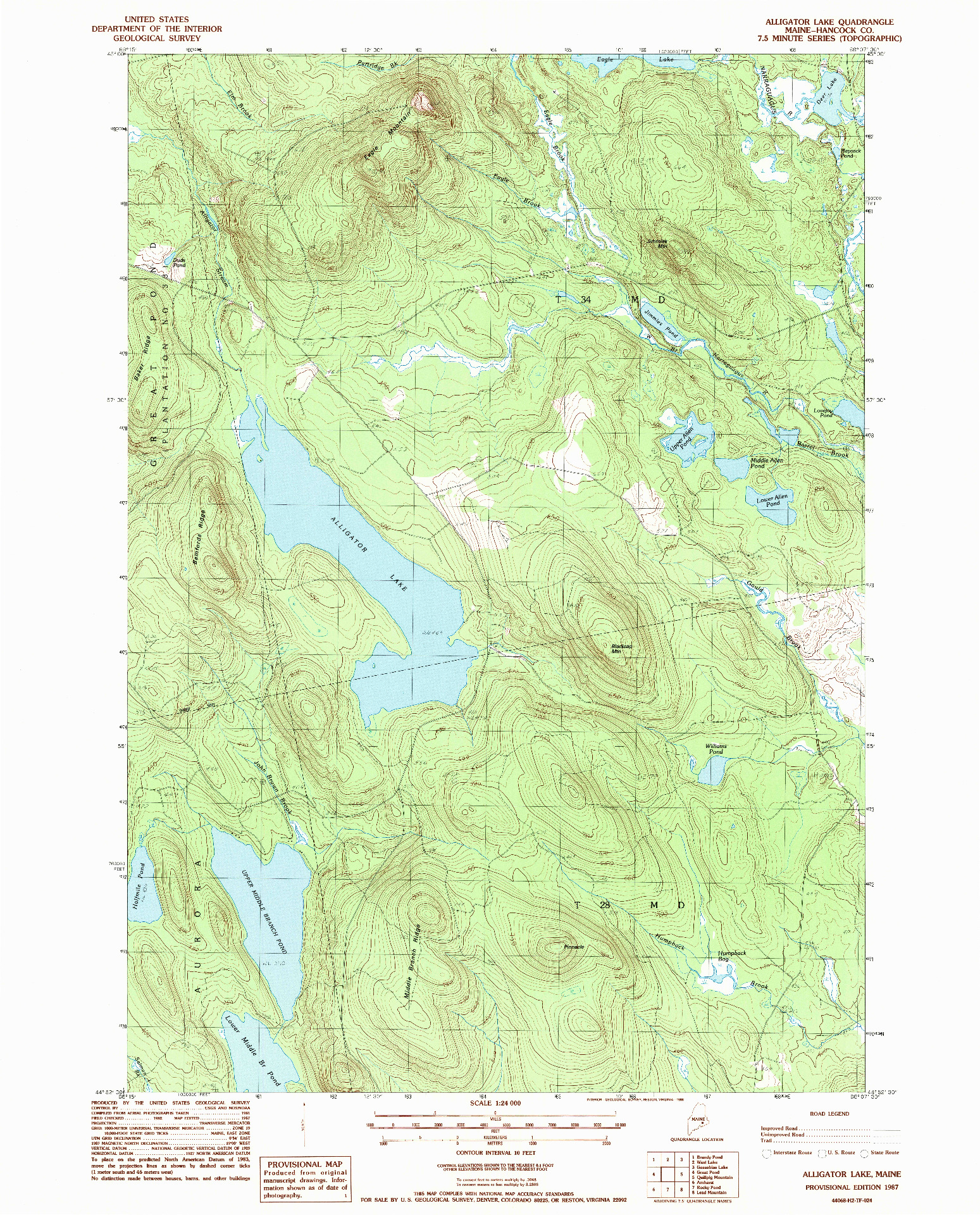 USGS 1:24000-SCALE QUADRANGLE FOR ALLIGATOR LAKE, ME 1987