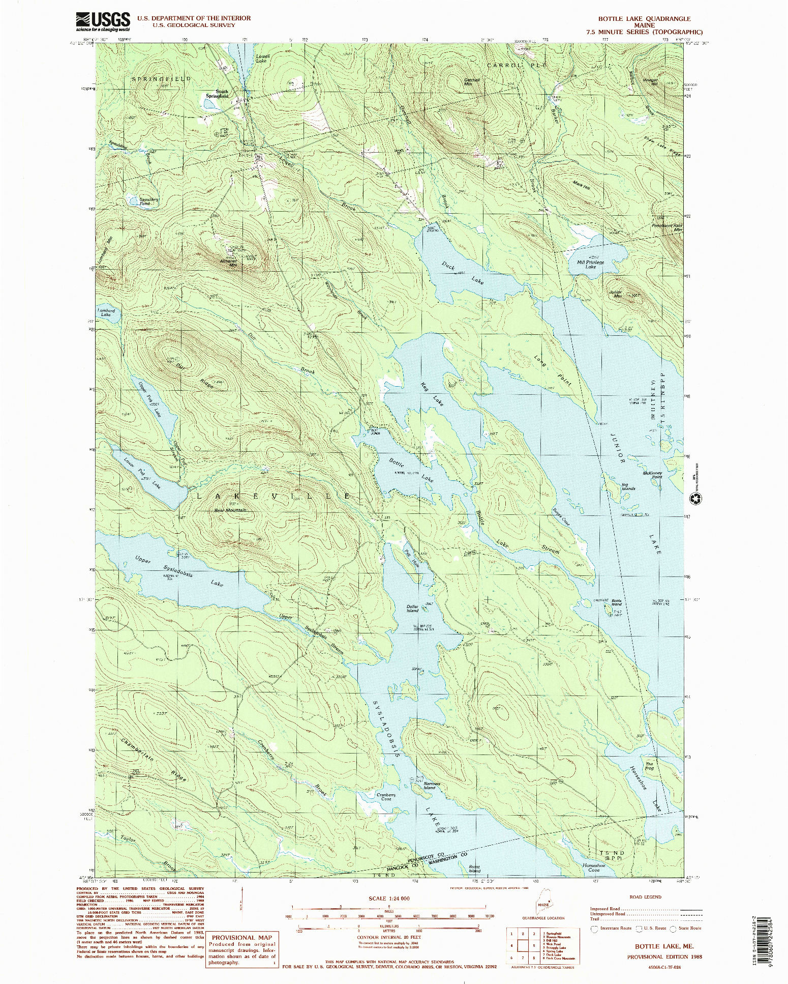 USGS 1:24000-SCALE QUADRANGLE FOR BOTTLE LAKE, ME 1988