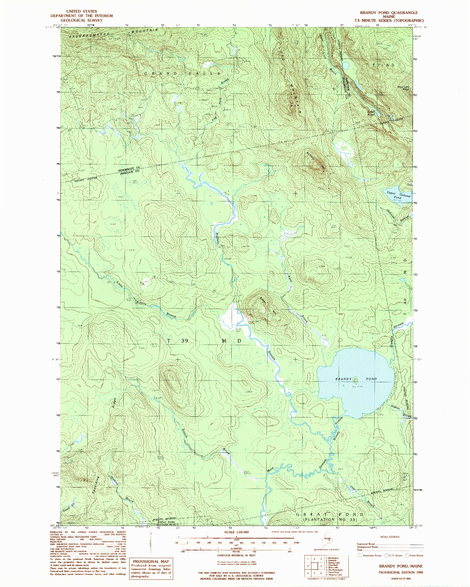 USGS 1:24000-SCALE QUADRANGLE FOR BRANDY POND, ME 1988