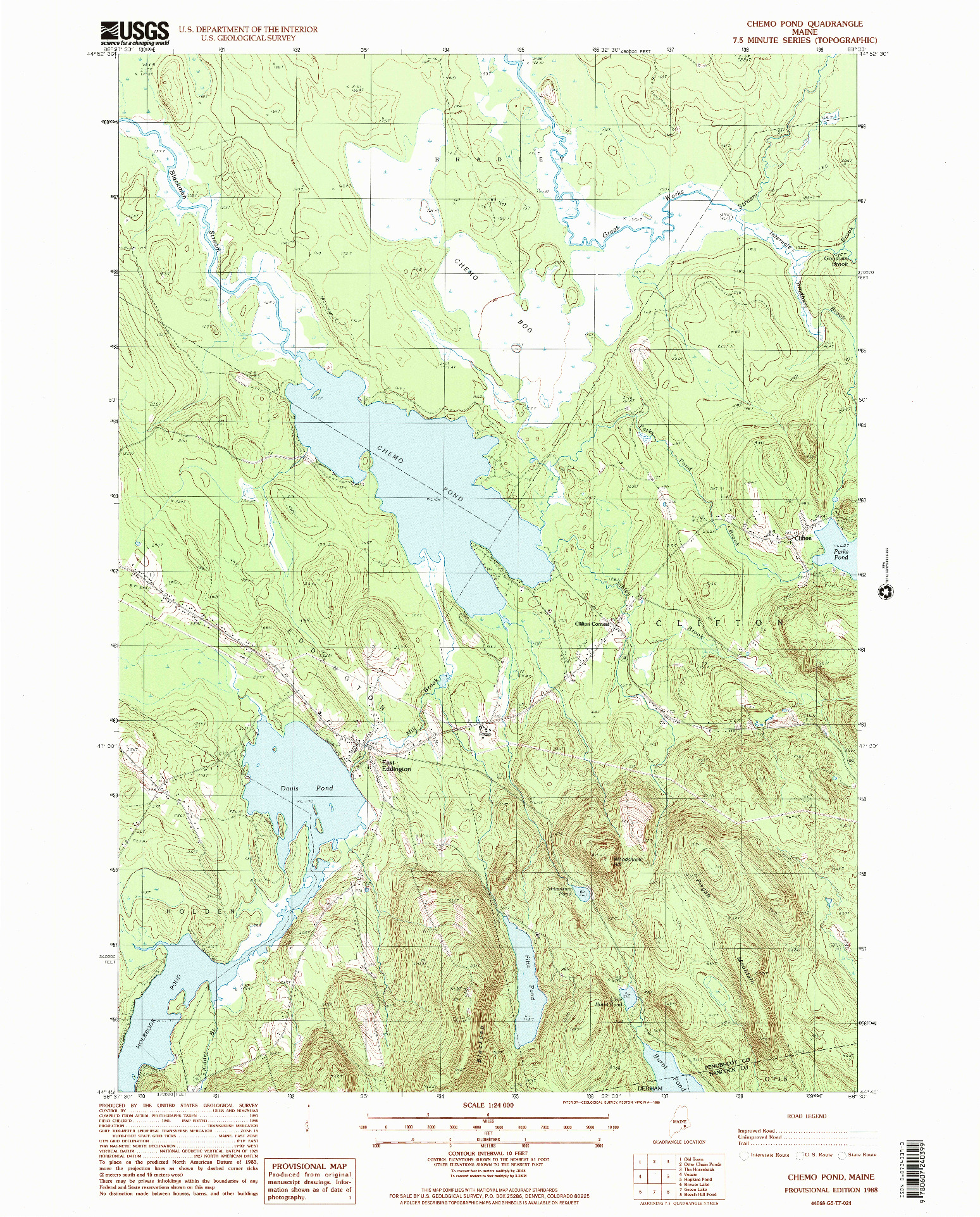 USGS 1:24000-SCALE QUADRANGLE FOR CHEMO POND, ME 1988