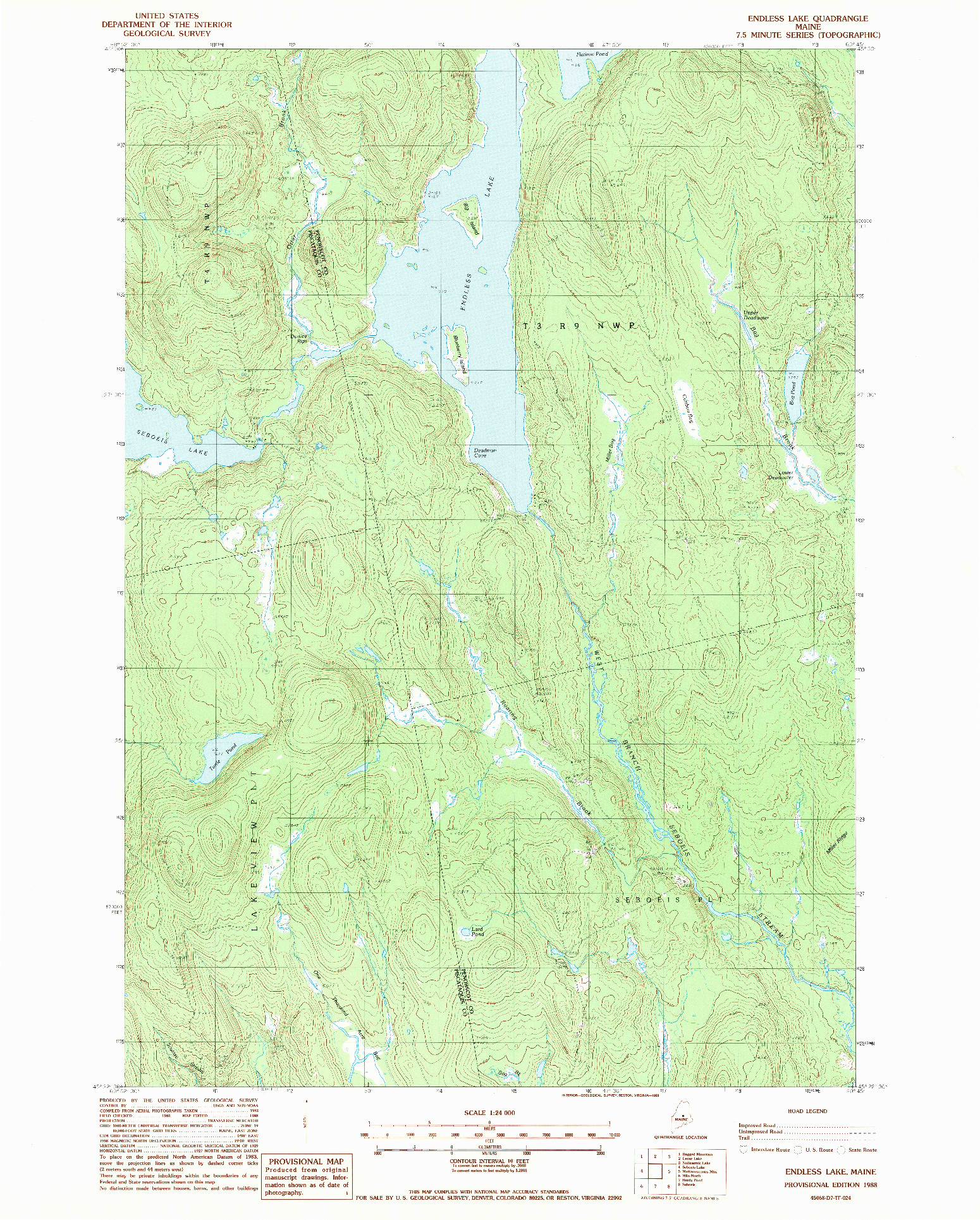 USGS 1:24000-SCALE QUADRANGLE FOR ENDLESS LAKE, ME 1988
