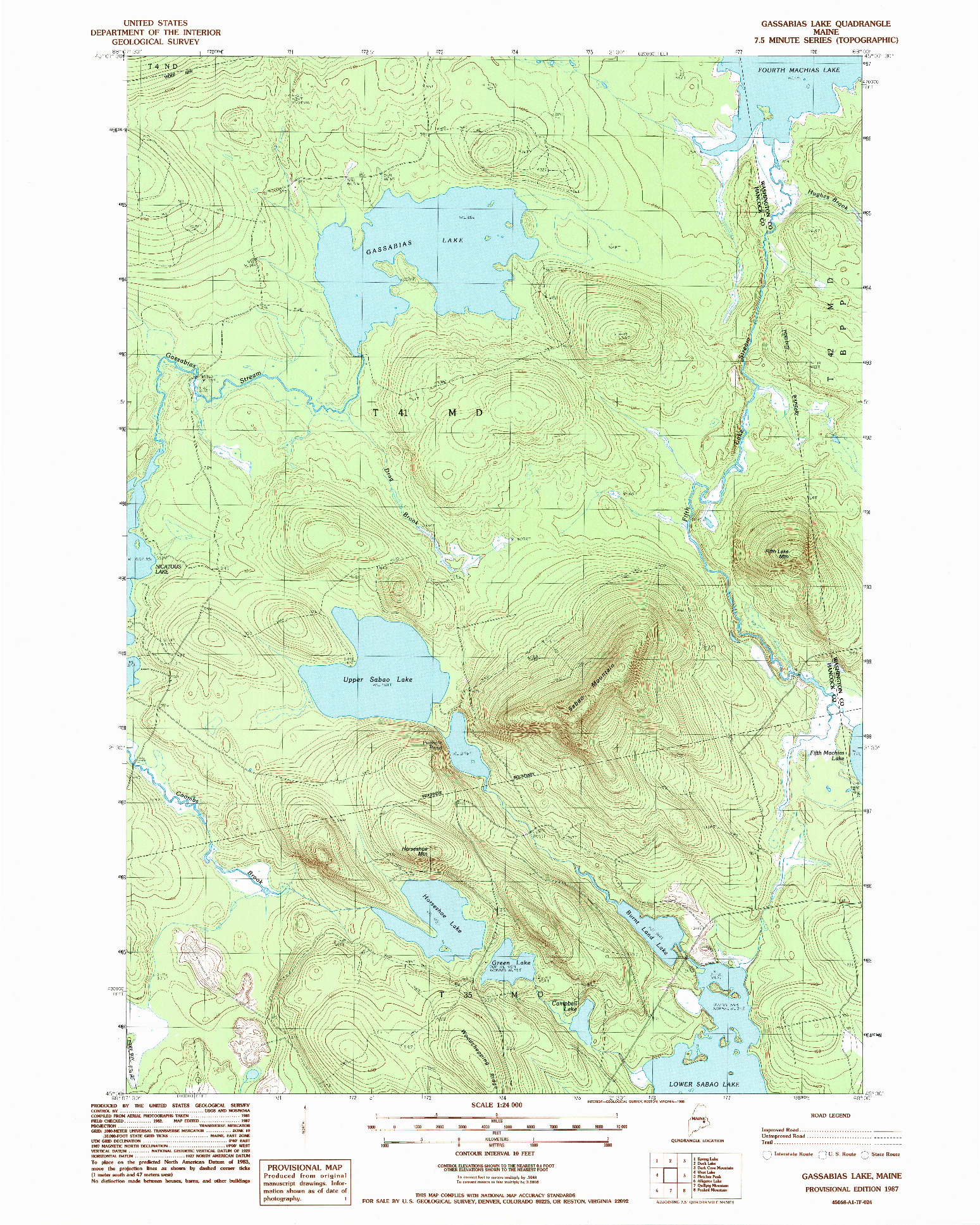 USGS 1:24000-SCALE QUADRANGLE FOR GASSABIAS LAKE, ME 1987