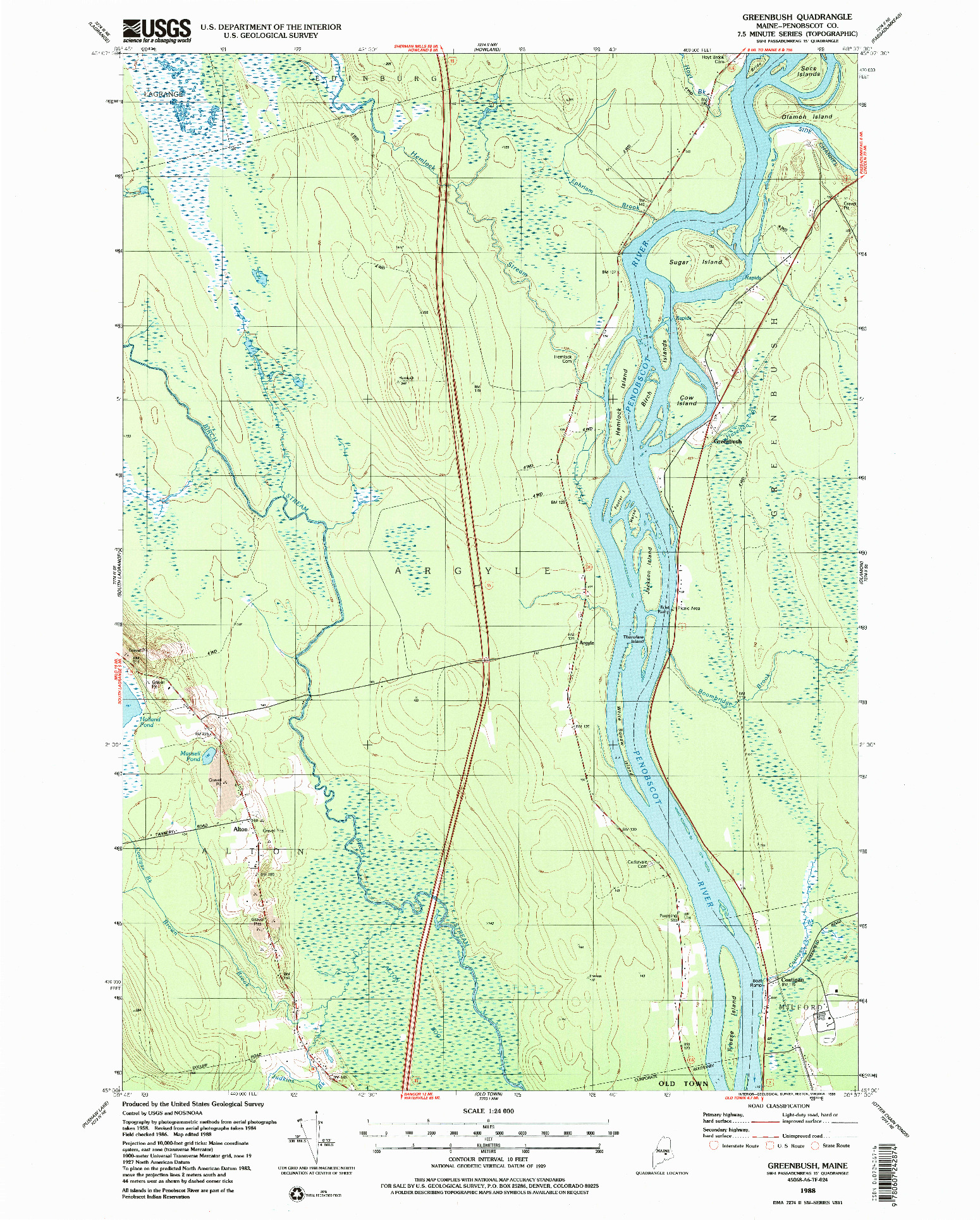 USGS 1:24000-SCALE QUADRANGLE FOR GREENBUSH, ME 1988