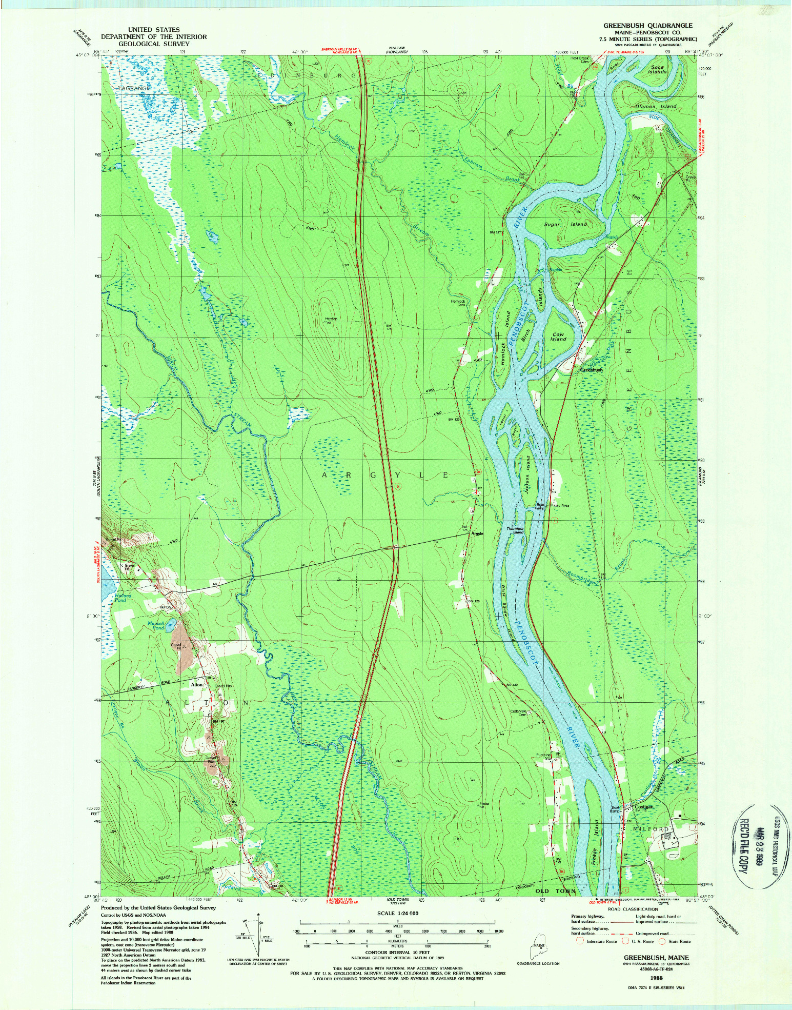 USGS 1:24000-SCALE QUADRANGLE FOR GREENBUSH, ME 1988