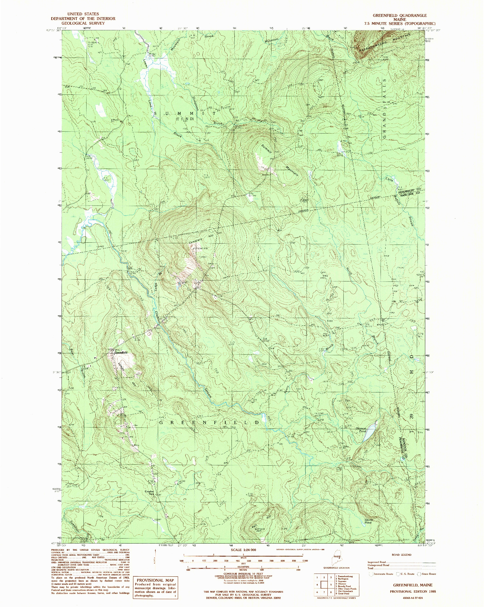 USGS 1:24000-SCALE QUADRANGLE FOR GREENFIELD, ME 1988