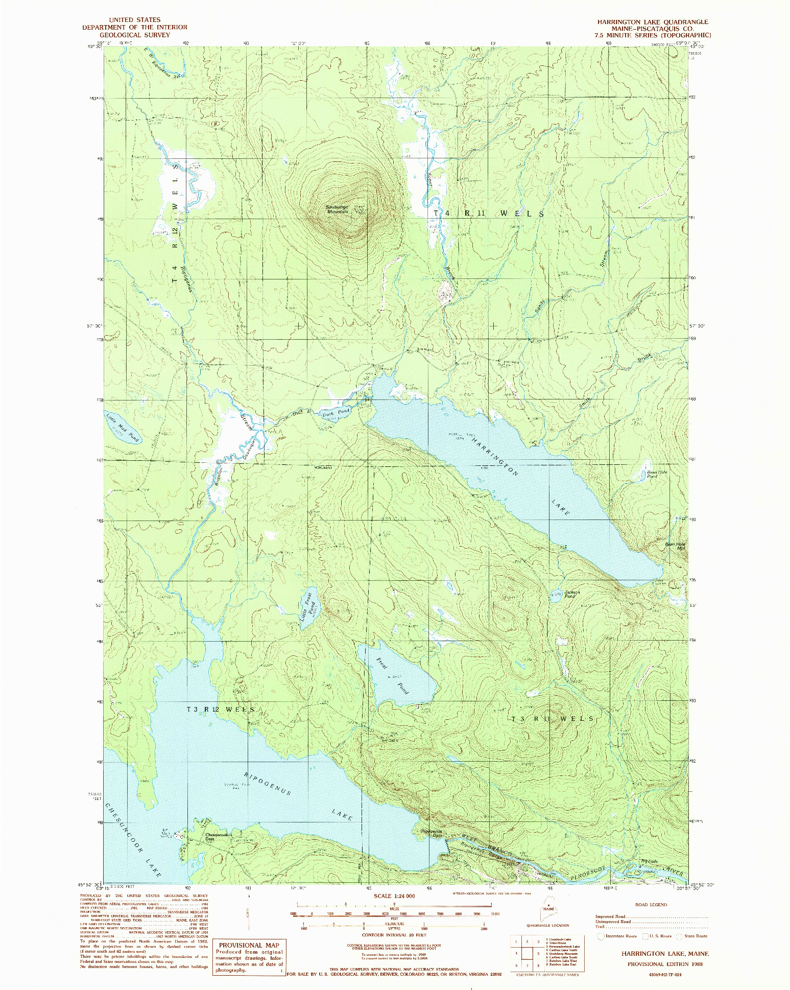 USGS 1:24000-SCALE QUADRANGLE FOR HARRINGTON LAKE, ME 1988