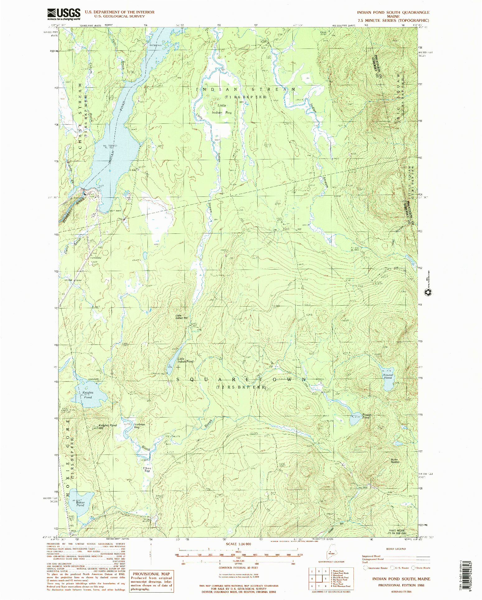 USGS 1:24000-SCALE QUADRANGLE FOR INDIAN POND SOUTH, ME 1988