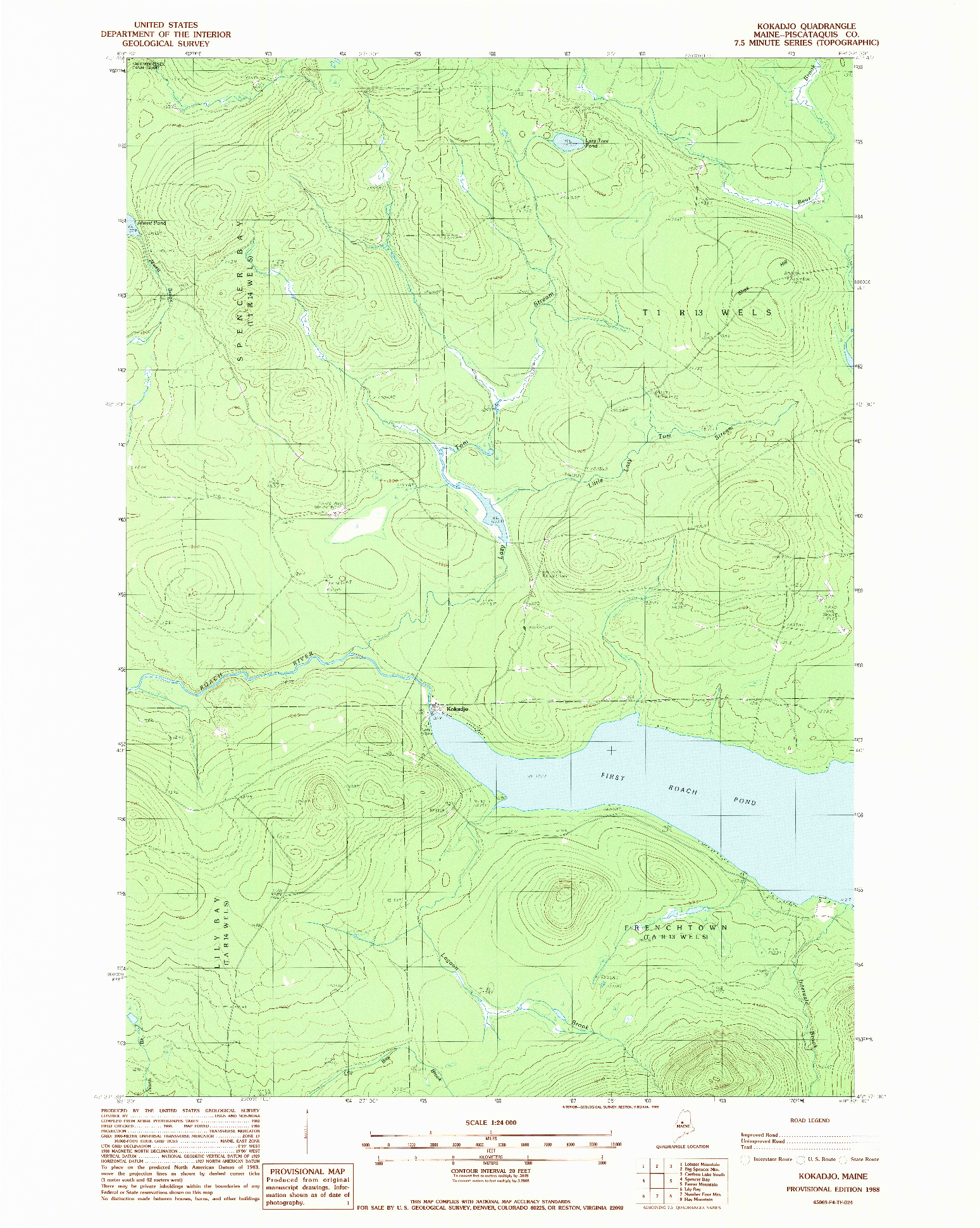 USGS 1:24000-SCALE QUADRANGLE FOR KOKADJO, ME 1988