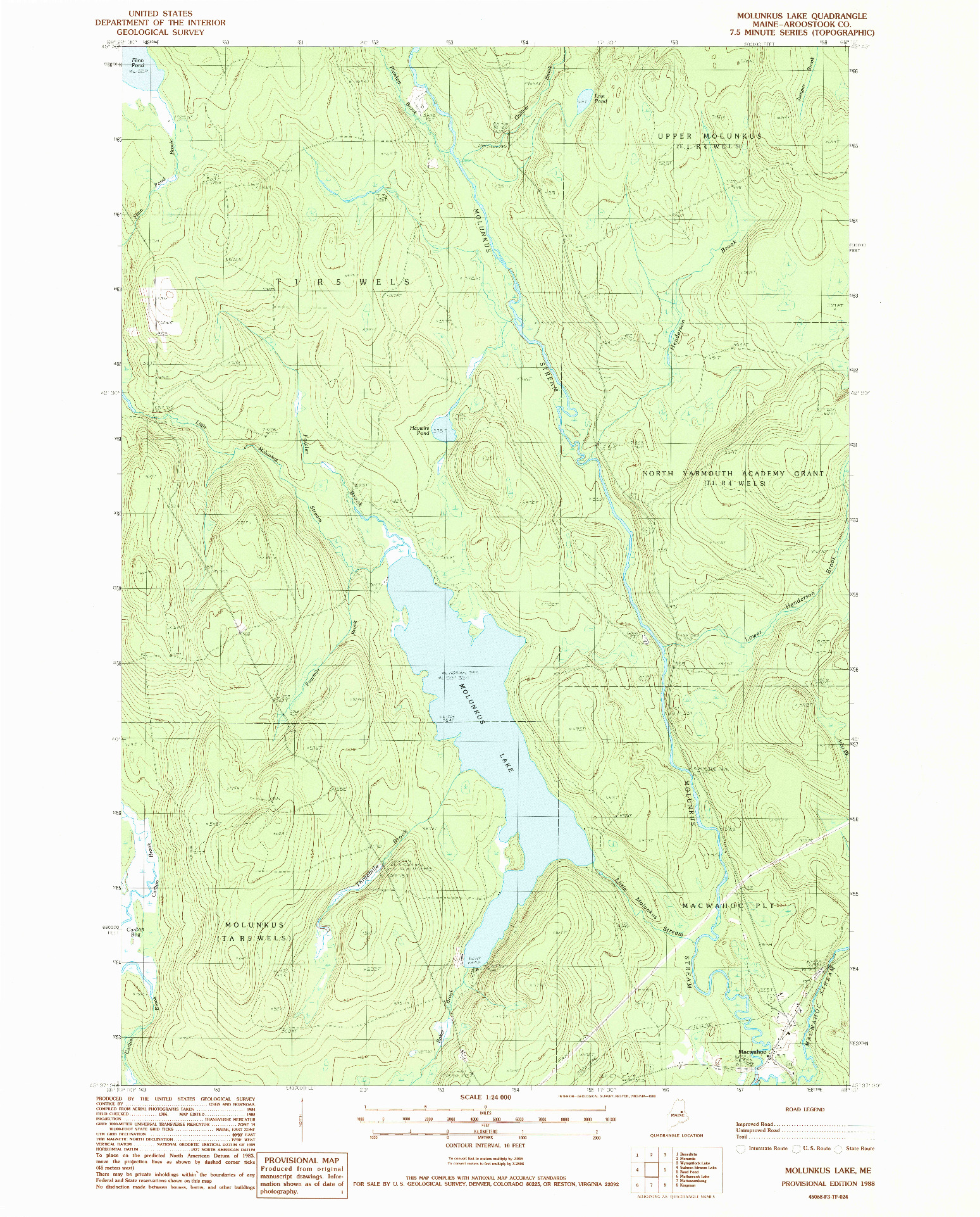 USGS 1:24000-SCALE QUADRANGLE FOR MOLUNKUS LAKE, ME 1988