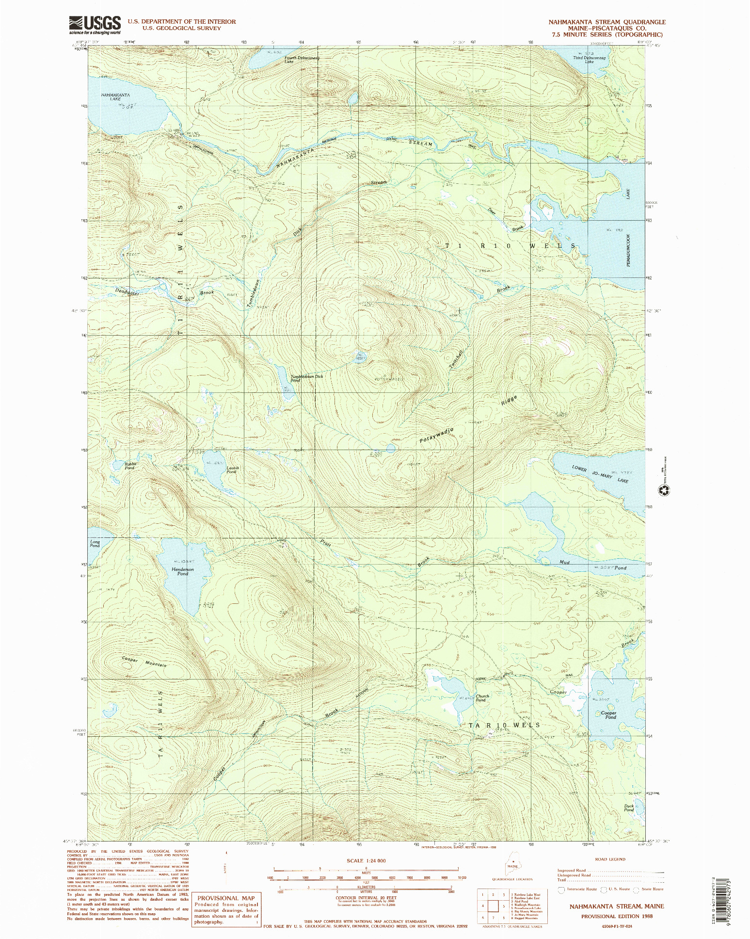 USGS 1:24000-SCALE QUADRANGLE FOR NAHMAKANTA STREAM, ME 1988