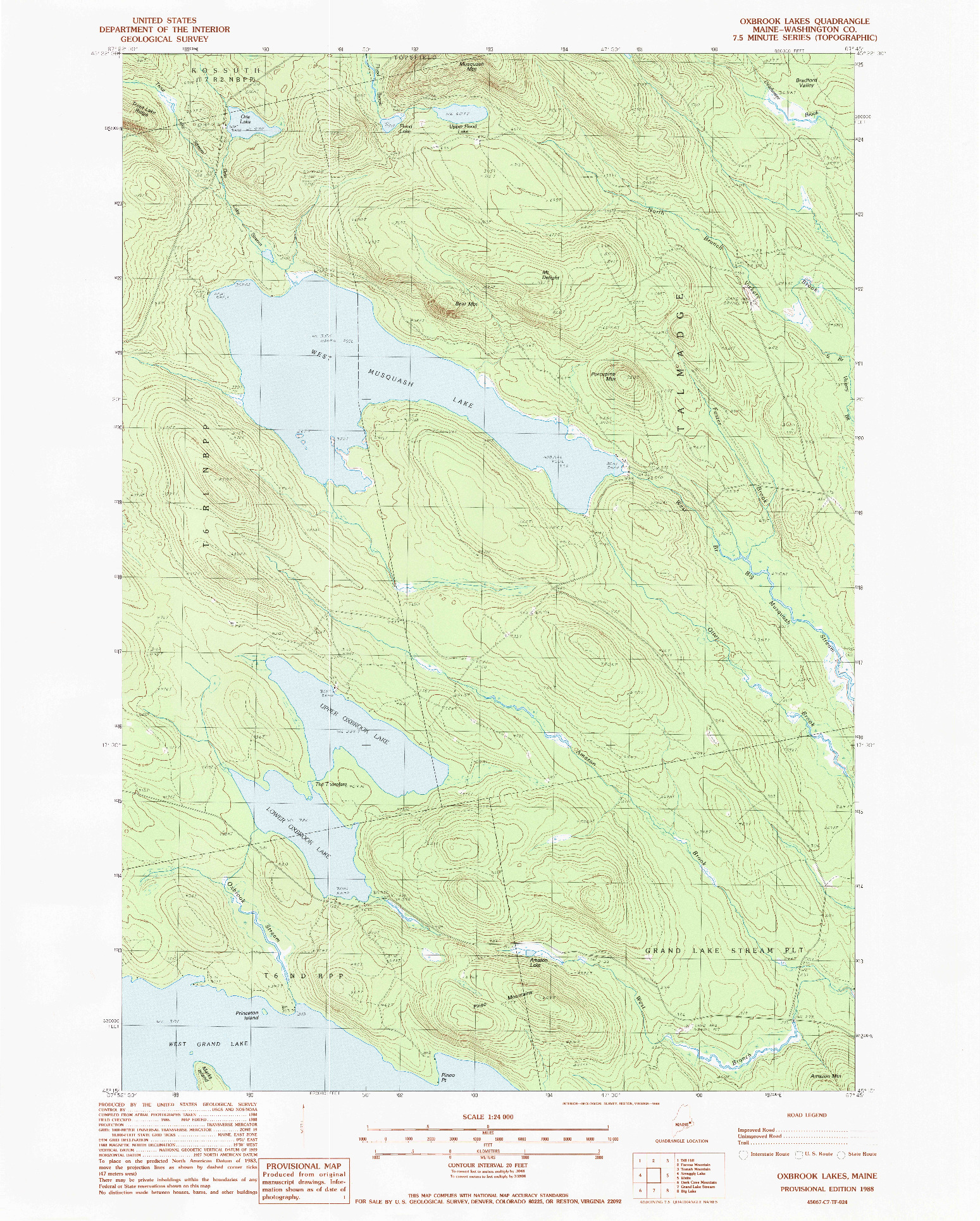 USGS 1:24000-SCALE QUADRANGLE FOR OXBROOK LAKES, ME 1988