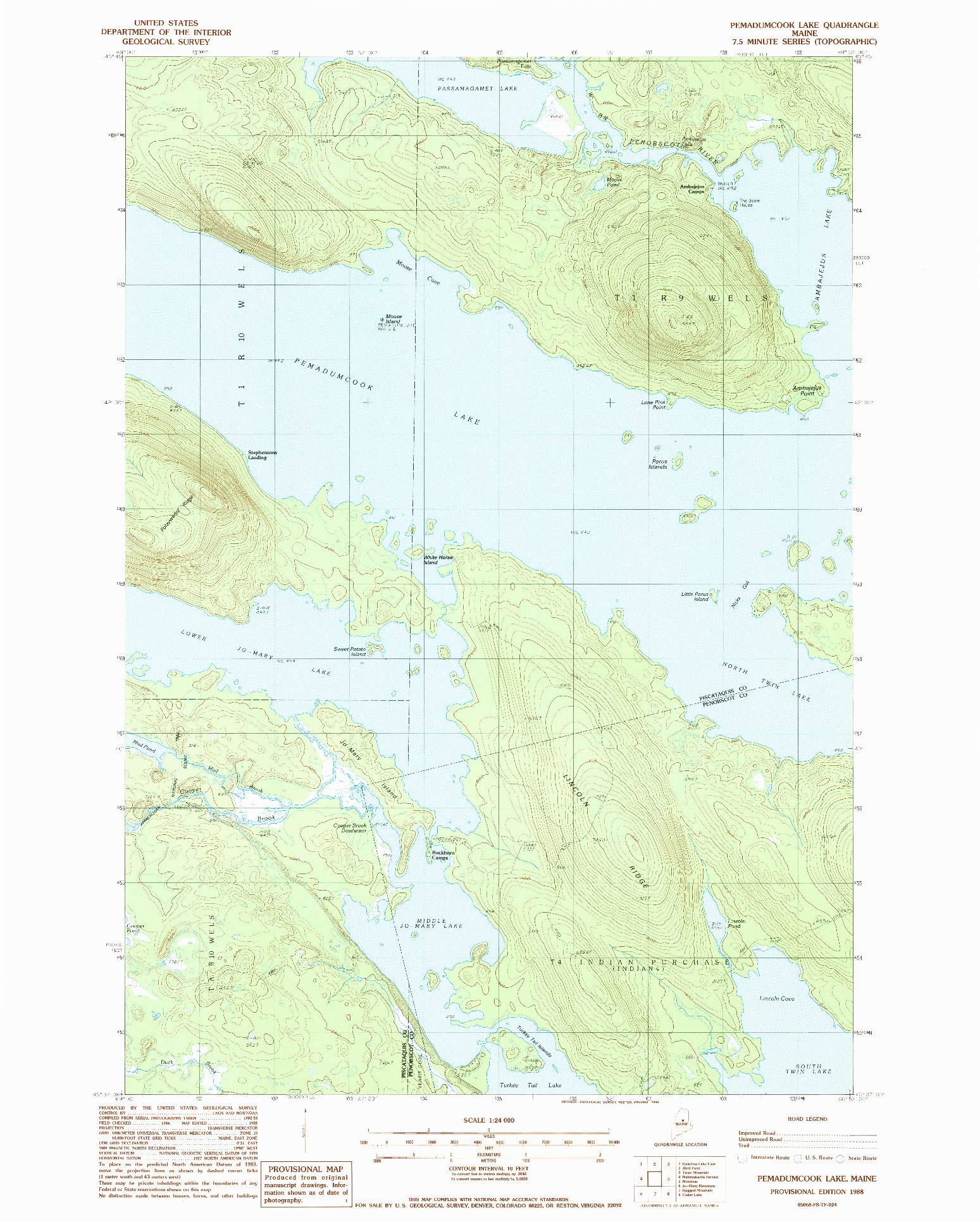 USGS 1:24000-SCALE QUADRANGLE FOR PEMADUMCOOK LAKE, ME 1988